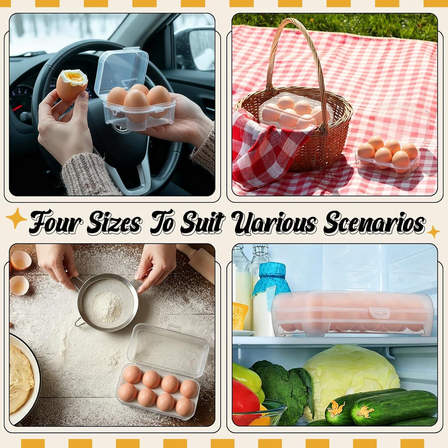 8 Pack Grid Egg Holder (4 Size: 15+8+6+4, Total 66 Eggs) Plastic Clear Grid Egg Container Keeper Storage Organizer Carrier for Refrigerator Camping Picnic Travel Kitchen Outdoor