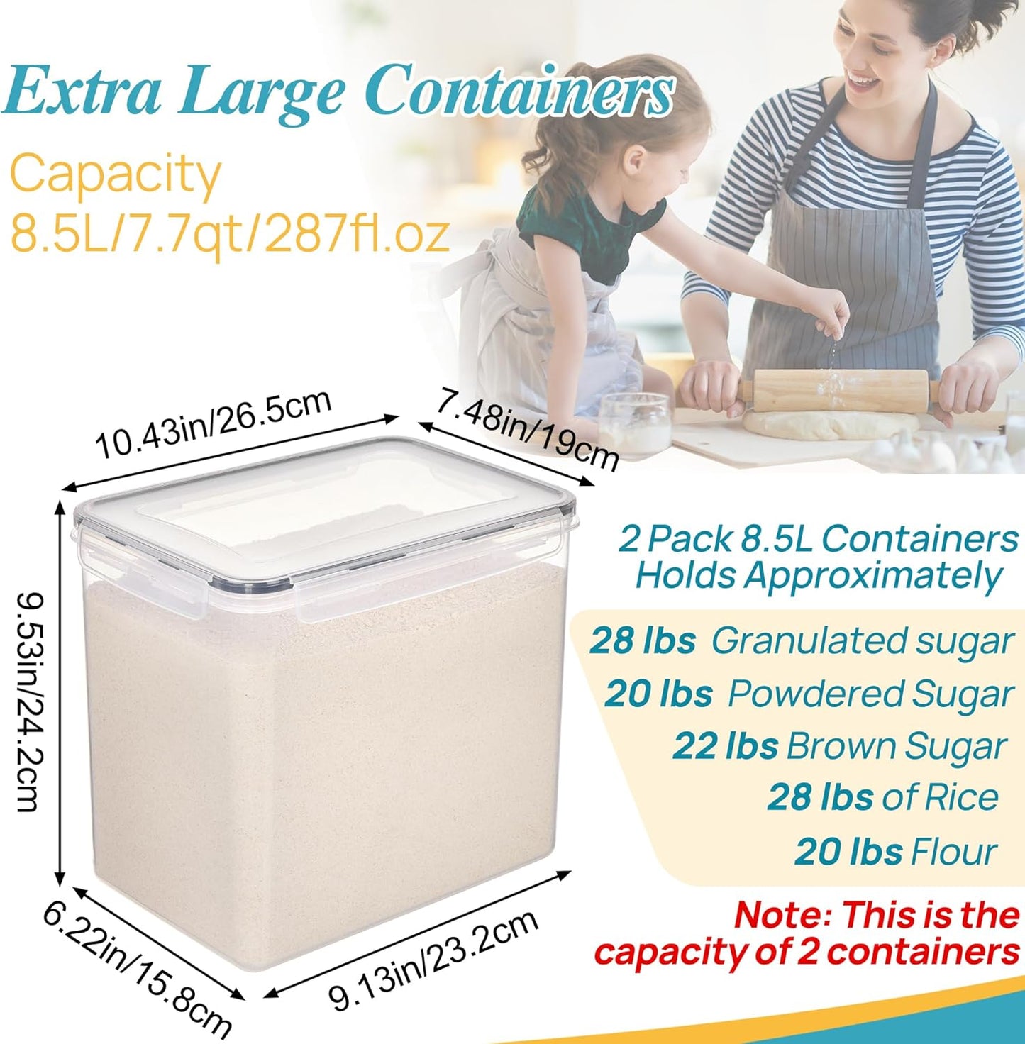 Vtopmart 8.5L 2 Pack Extra Large Flour Sugar Storage Containers for 20lbs flour, Airtight Kitchen Pantry Organization Canisters with Lids for Bulk food, Rice, Baking Supplies, BPA Free, Black
