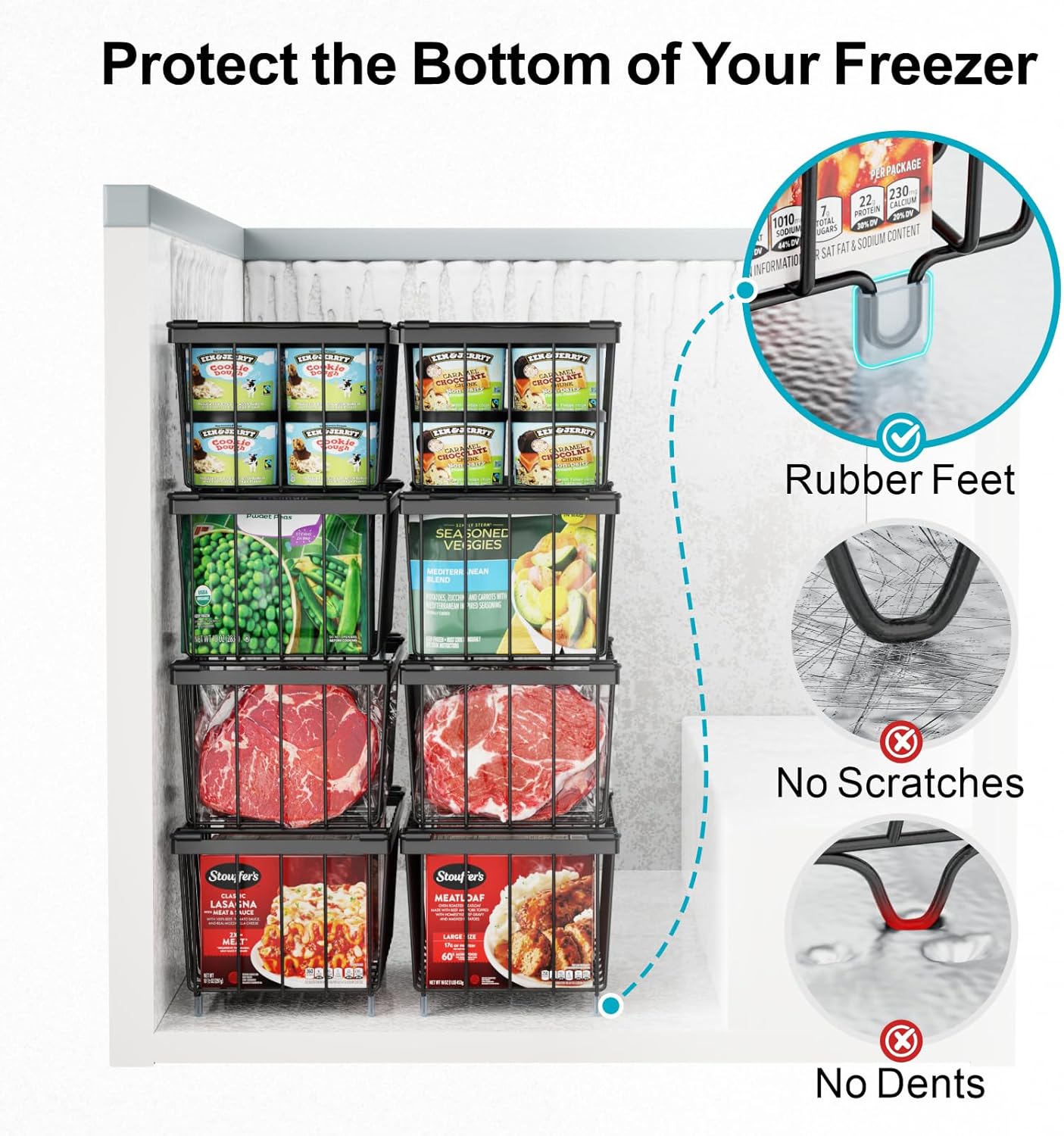 iSPECLE Freezer Storage Bins - 6 Pack Small Stackable Deep Freezer Organizer Bins for Most 7 Cu.FT Chest Freezer Sort Frozen Food, Freezer Basket with Handles Easy to Get Food from Bottom, Black