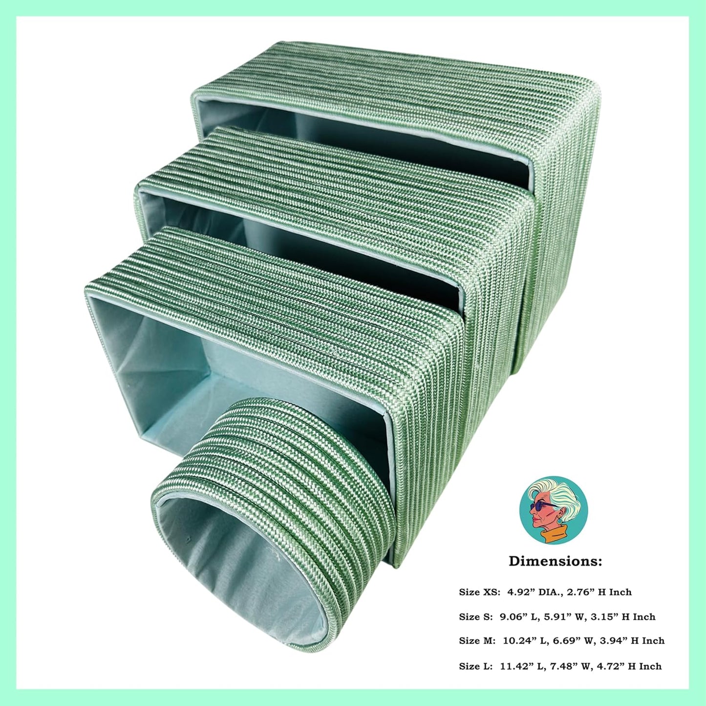 Modern Granny Fashion Decor Vanity Box, Stackable Boxes Decoratives with lined Interior, Storage Baskets Set of 4, Office Boho Baskets Shelf Box for Organizing (PRAIRIE MINT)