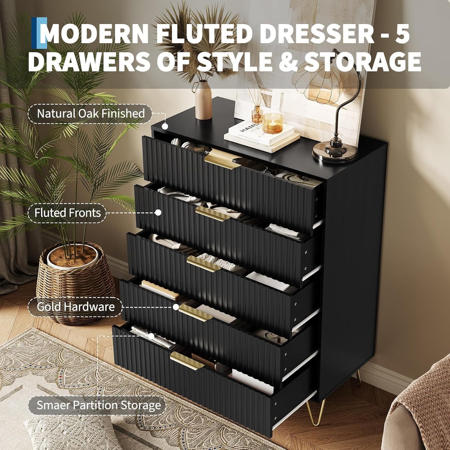 Garvee Fluted Dresser for Bedroom with 5 Drawers,32" Wide Modern Chest of Wooden Bedroom Chest with Metal Handle,Wide Clothes Storage Organizer,Closet Dresser & TV Stand for Living Room,Hallway,Black