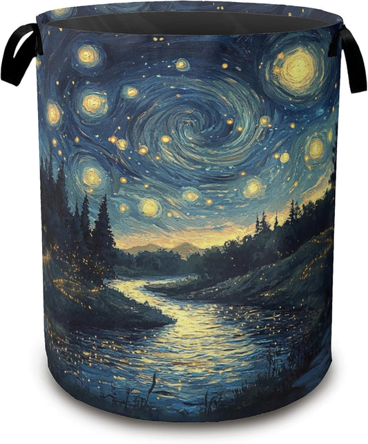 Night Sky Laundry Hamper,Collapsible Laundry Baskets,Stream Fireflies Dirty Clothes Baskets with Handles,Oxford Cloth Hamper for Bedroom,Bathroom,College Dorms, 16"x20"