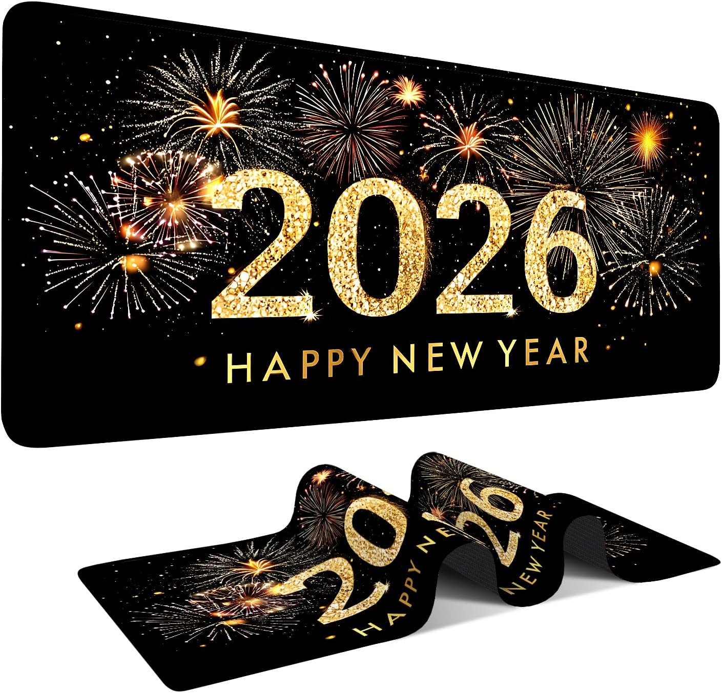 2026 Happy New Year Gaming Mouse Pad 35.4"x15.7"Desk Mat Anti-Slip Rubber Base & Durable Stitched Edges for Gamers Smooth Mouse Writing Surface for Desk Office/Home