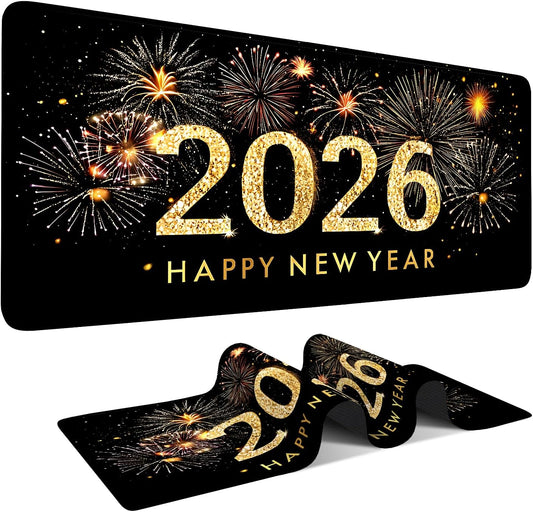 2026 Happy New Year Gaming Mouse Pad 35.4"x15.7"Desk Mat Anti-Slip Rubber Base & Durable Stitched Edges for Gamers Smooth Mouse Writing Surface for Desk Office/Home
