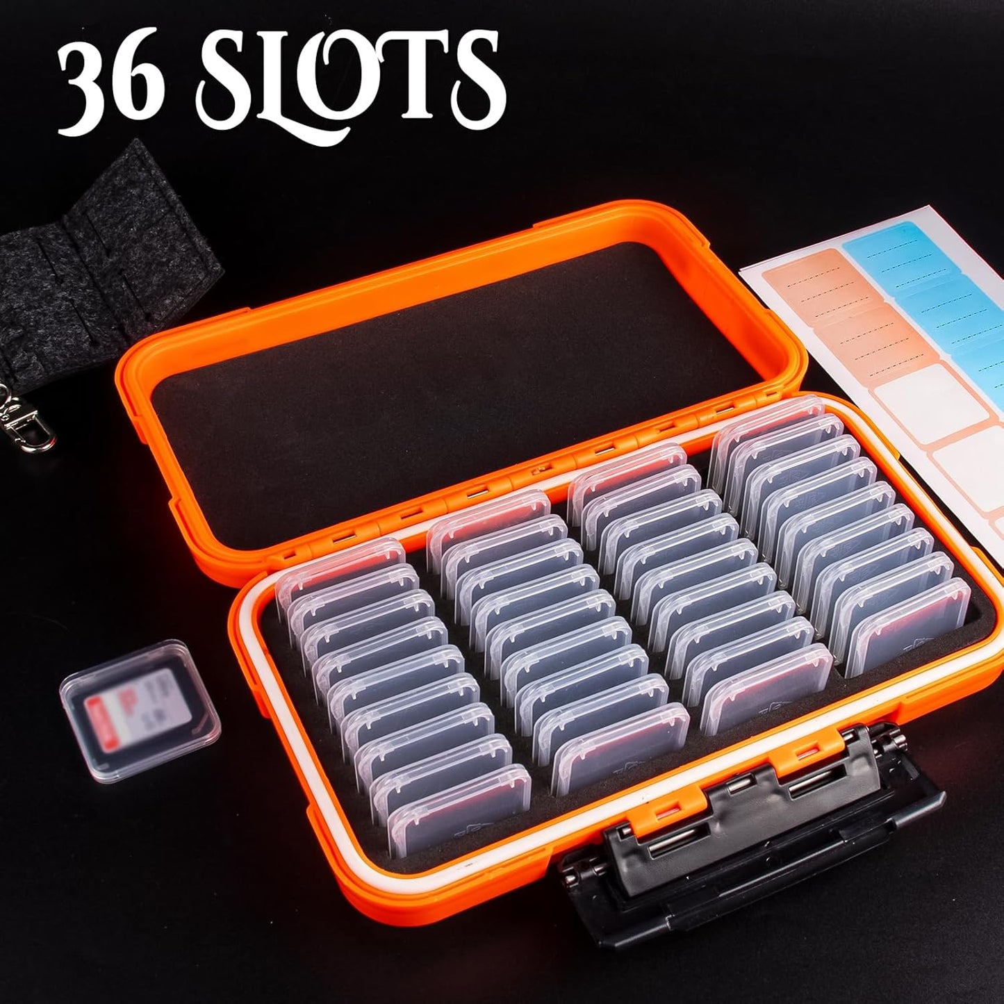 36 Slots Memory Card Case Orange with 36 Transparent Holders & 40 Writable Labels, SD Card Storage Case & Organizer for Camera Memory Cards