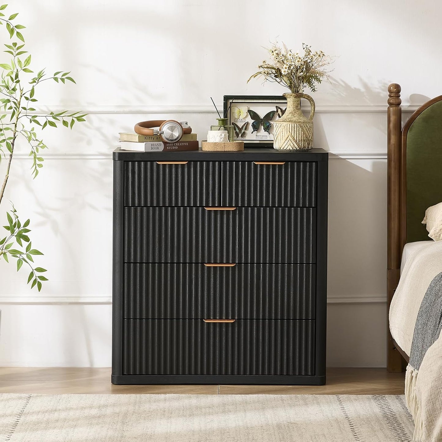 LEYAOYAO Fluted 5 Drawers Dresser for Bedroom Set of 2, 34" Tall Modern Chest of Drawers with Metal Handle, Curved Profile Design,Black Wood Drawer Organizer for Bedroom, Living Room, Hallway