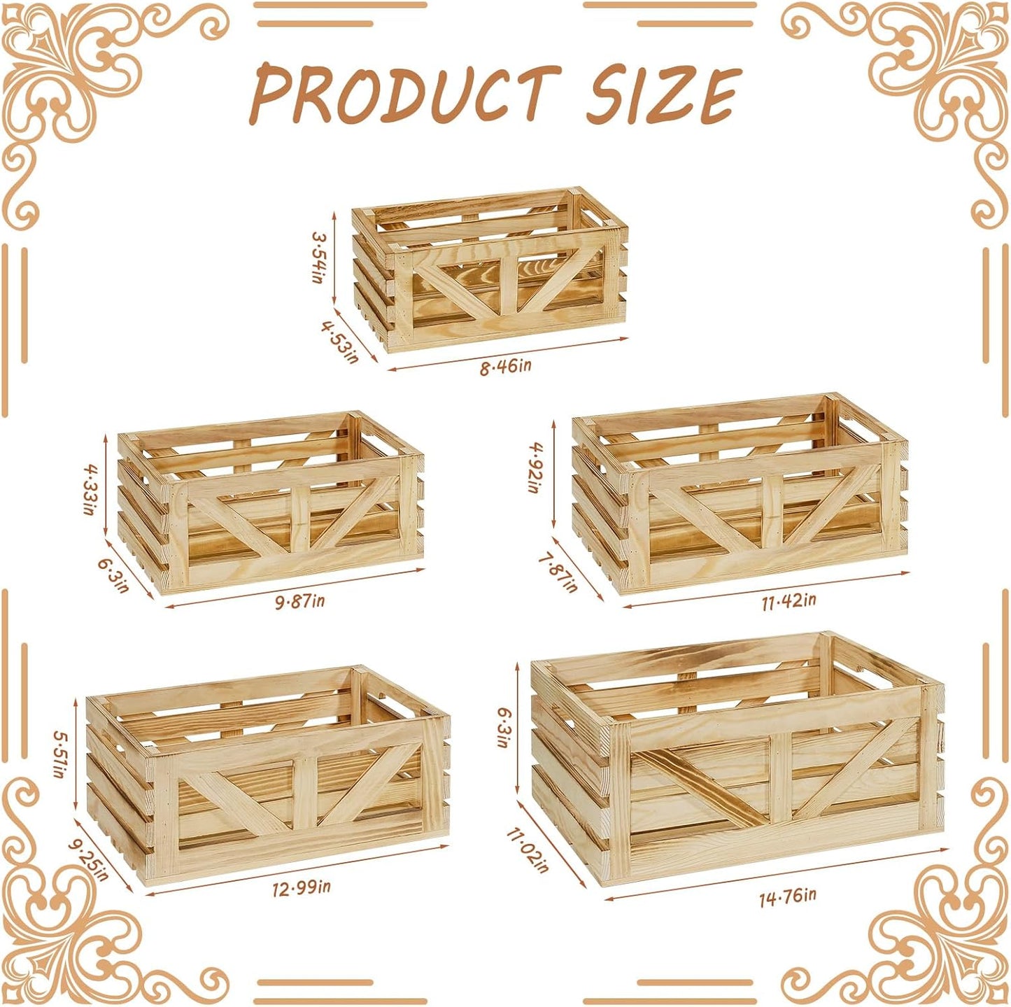 5 Pcs Decorative Wooden Crates for Display, Wood Storage Crate for Home Rustic Nested Crates with Handles, Farmhouse Wooden Basket for Storage Container and Decorations