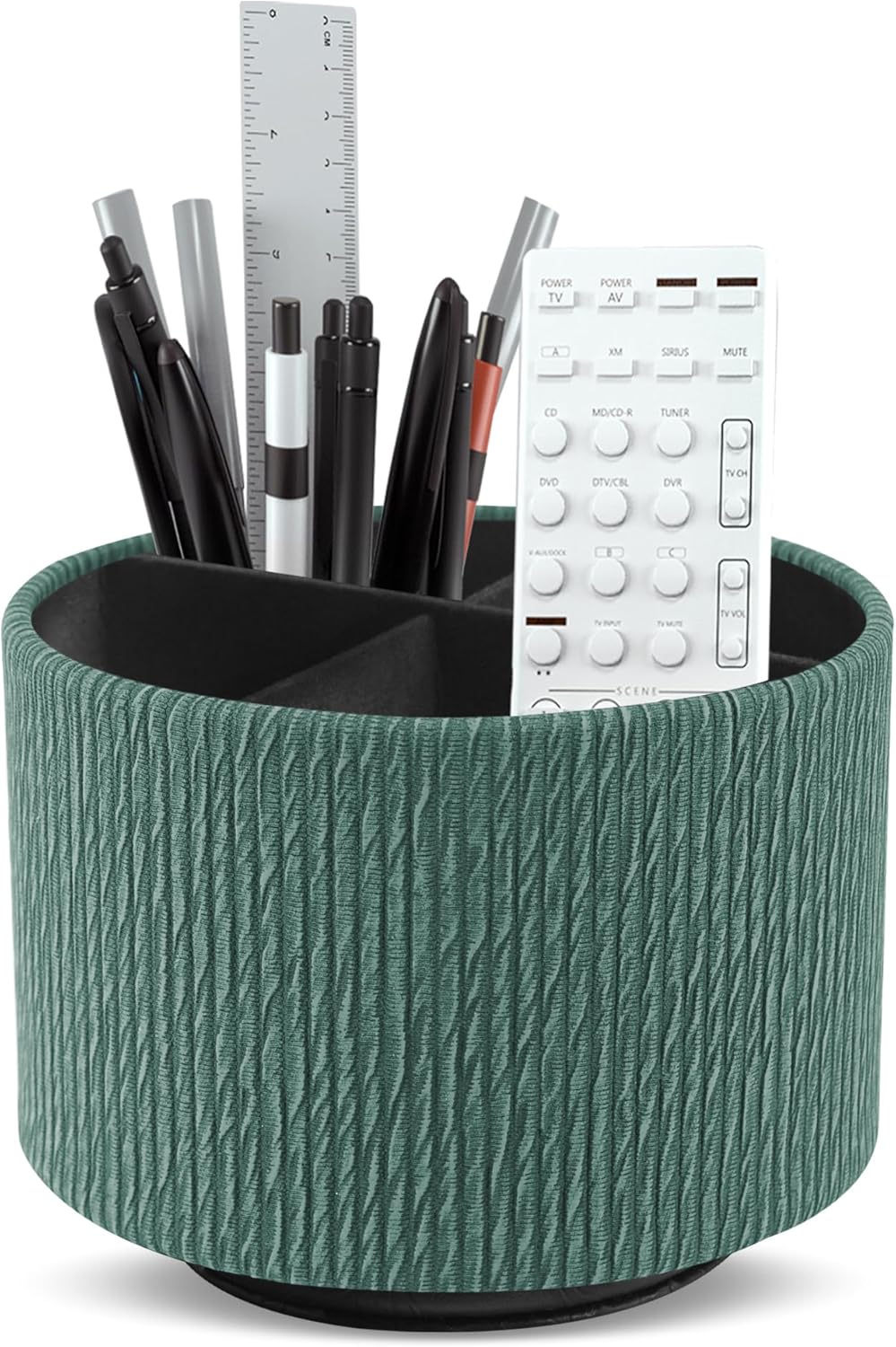 Round Leather Art Supply Organizer,Remote Control Holder,360 Degree Spinning,Multi-Functional Pencil Holder,4 Compartments Desktop Stationary Organizer(1-Wood Green)