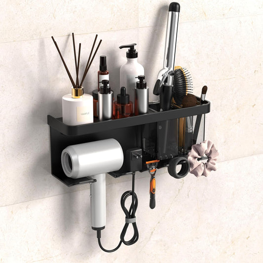 Hair Dryer Holder Wall Mounted Adhesive/Drilling, Hair Dryer Storage Organizer with Shelf & Hooks for Bathroom, Blow Dryer Holder, Hair Tool Organizer (Black)