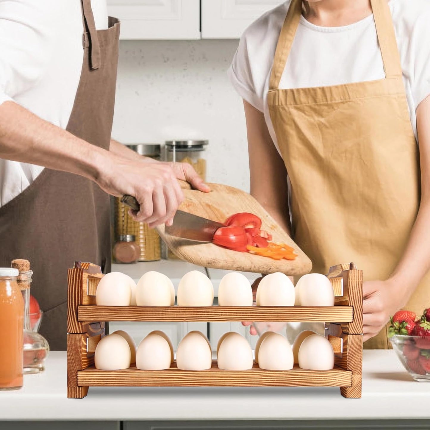 CVHOMEDECO. Wooden Egg Holder Fresh Egg Holders Countertop Firewood Egg Collecting Rack for Gathering Fresh eggs, Stackable with 24 eggs, Home Kitchen Organizer, Set of 2 PCS