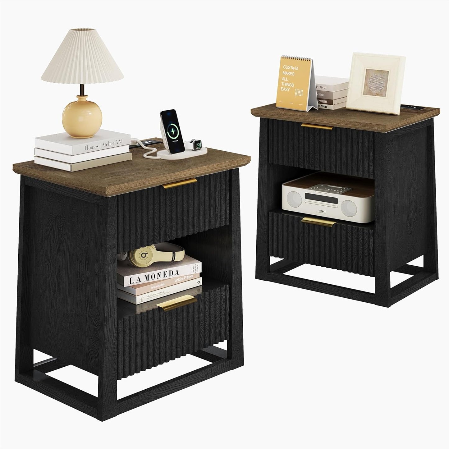 HIFYOBRO Fluted Nightstands Set of 2 with Charging Station & Motion Sensor Light, Modern Bedside Tables with 2 Drawers and Storage Shelf for Bedroom, Black