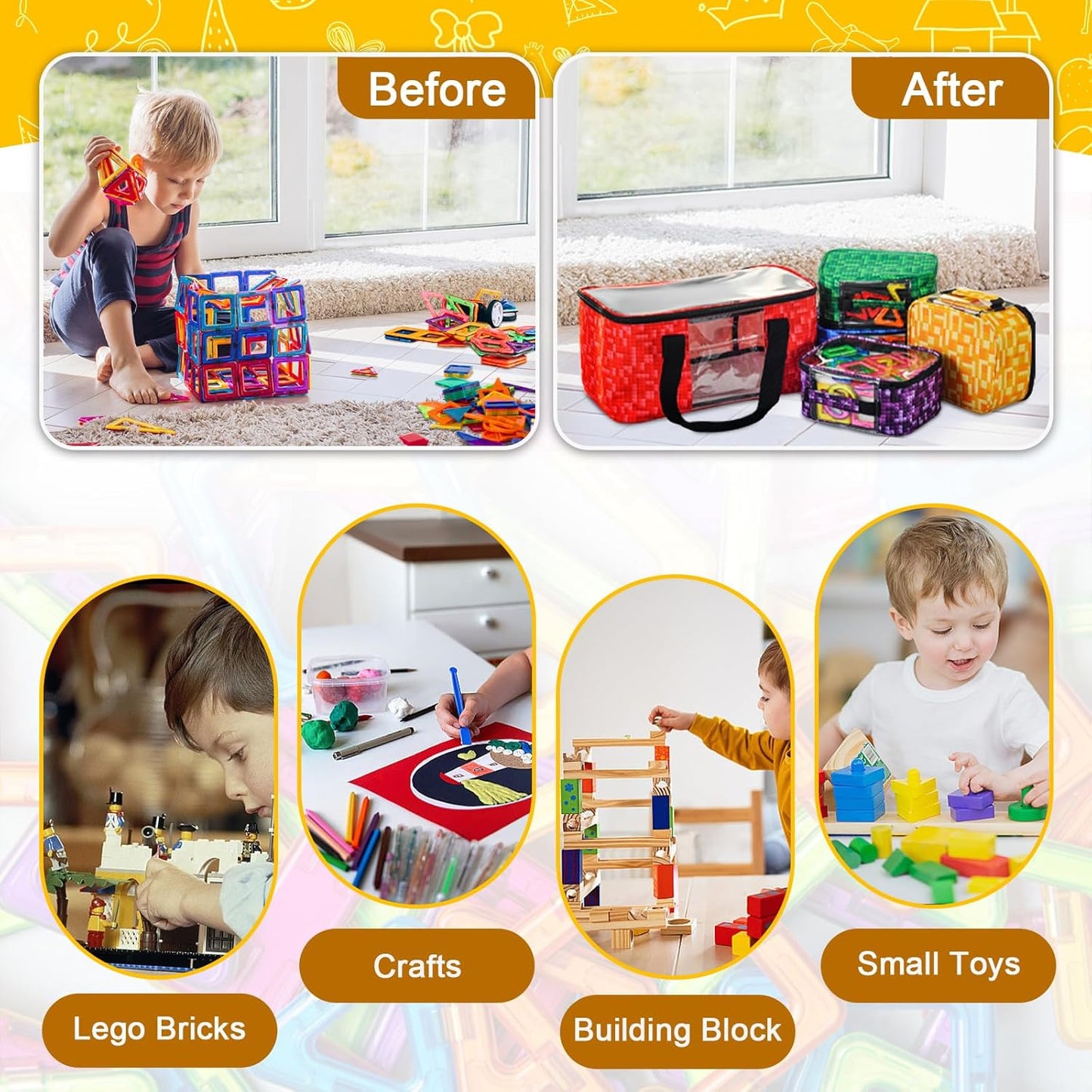 5-Pack Magnetic Tiles Storage Bags Set,Toy Organizer Case,Multifunction Portable Travel Magnetic Tile bag with Visible Top for Building Blocks,Toy Bricks,Puzzles,Board Game