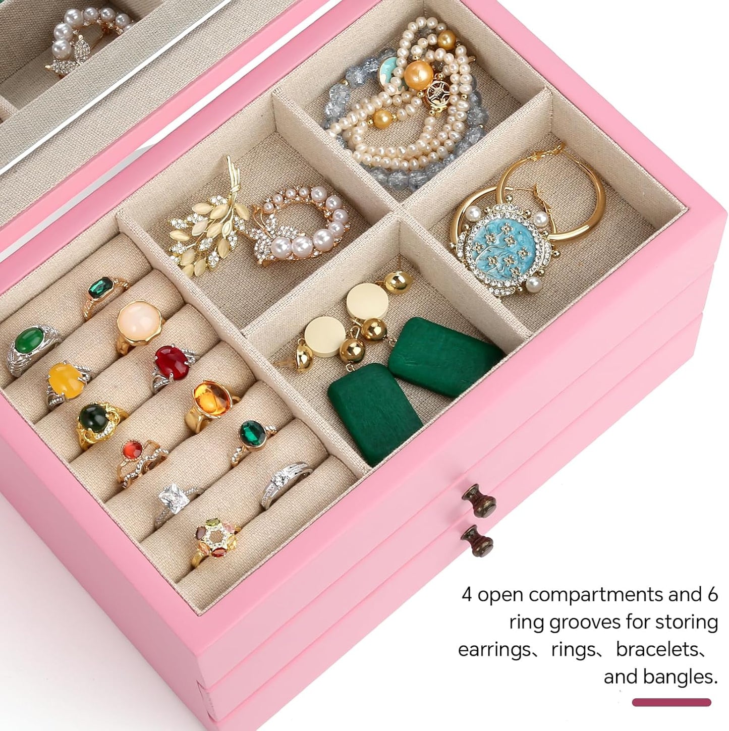 Meangood Jewelry Box Organizer for Women, 3 Layer Large Jewelry Storage Case, Rustic Wooden Jewelry Box with Mirror & Ring Tray for Necklace Earring Bracelets Rings, Vintage Style (Pink)
