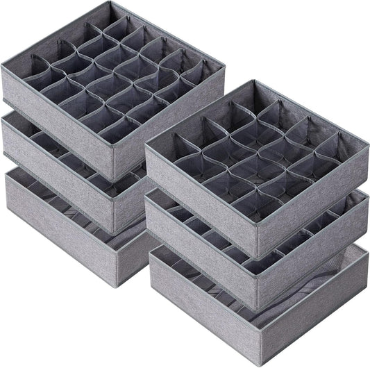 Criusia 6 Pack Large Drawer Organizer for Sock Underwear - Washable Heavy Duty Fabric Closet Organizers and Storage Bins - 90 Cells Dresser Organizer Divider for Baby Clothes, Ties, Belt (Grey)