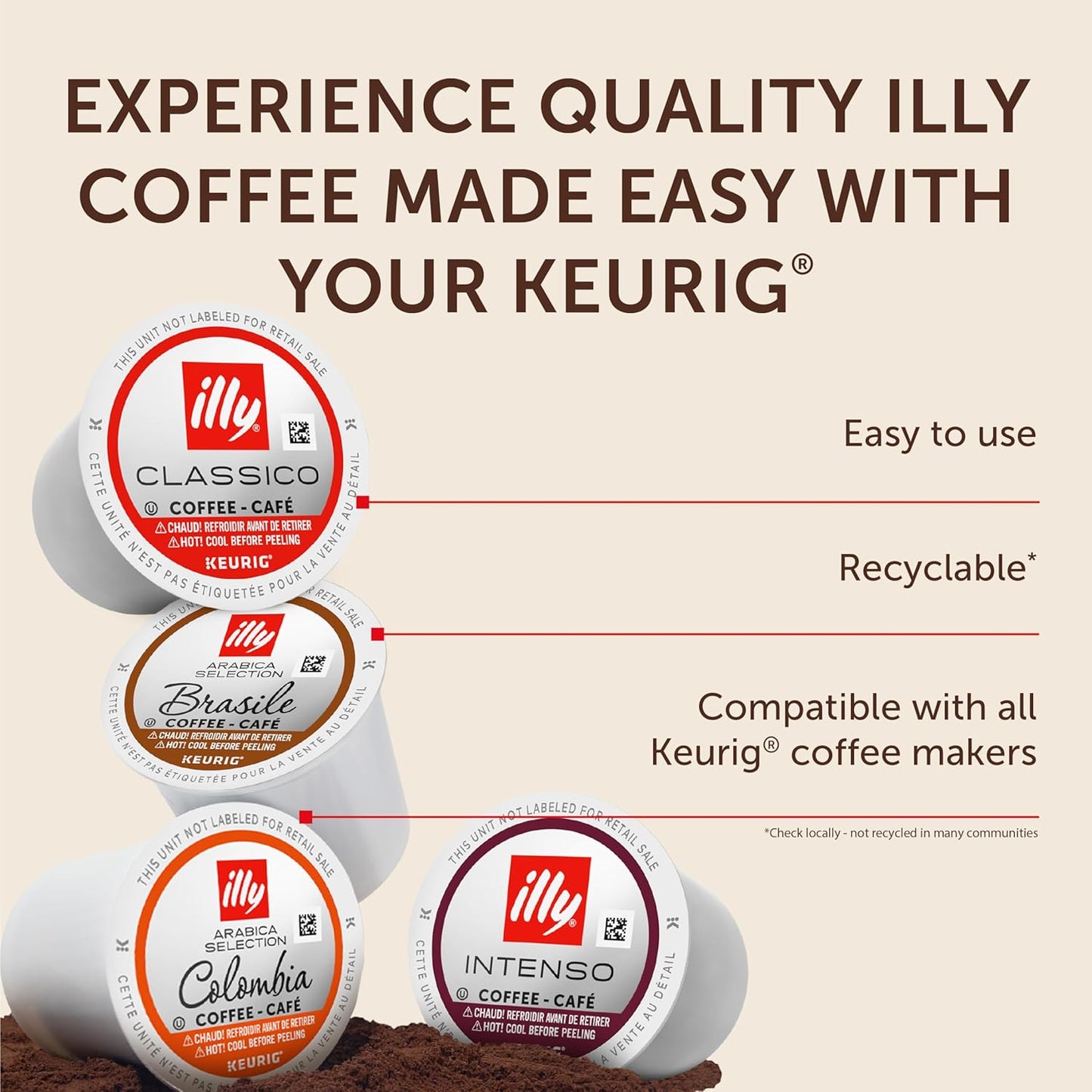 Illy Coffee K-Cups - Compatible Pods for Keurig Coffee Maker - Classico, Intenso, Brasile & Colombia Roasts - Variety - 10 Count (Pack of 6)
