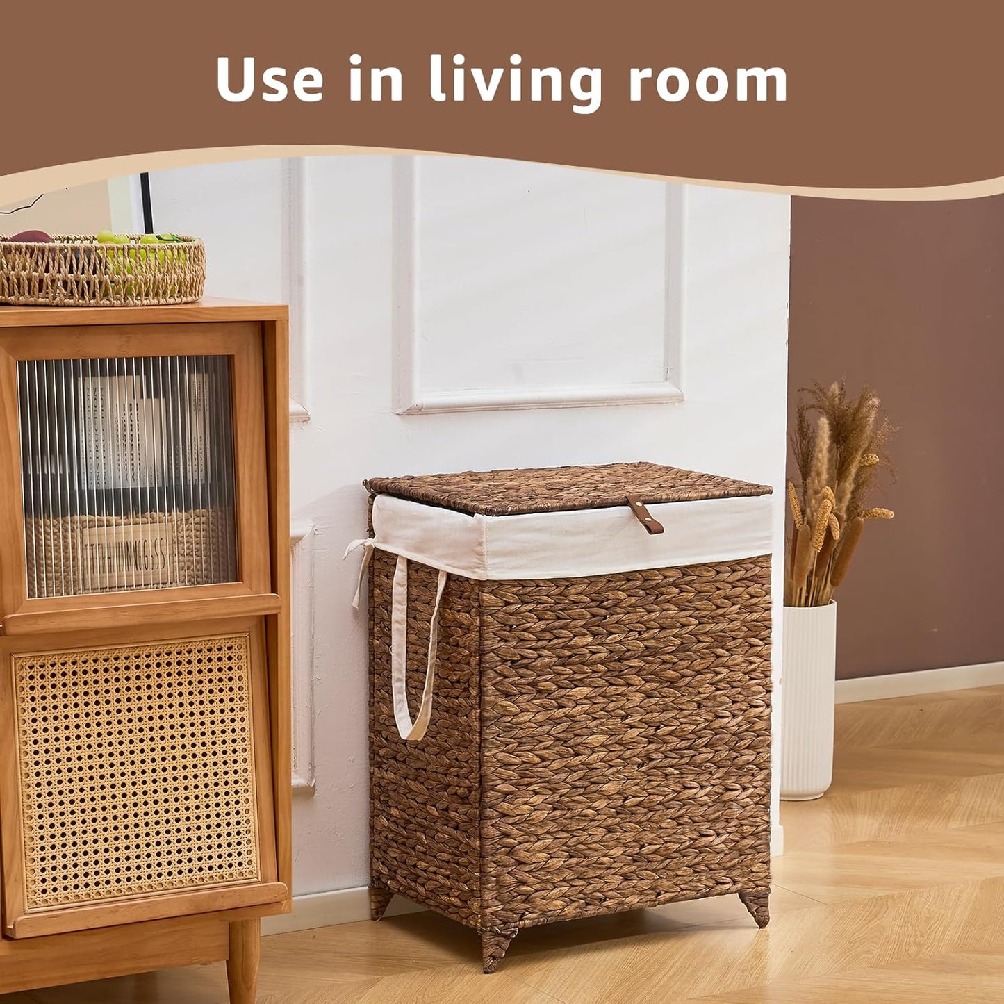Laundry Hamper with Lid and Removable Liner Bag, Handwoven Natural Hyacinth Clothes Hamper with Heightened Feet, Wicker Laundry Basket for Clothes and Towels，Middle