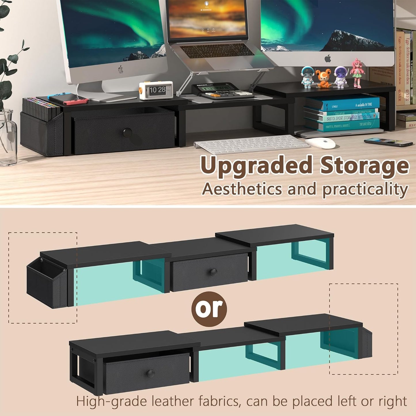 LAND·VOI Dual Monitor Stand with Drawer and Side Pockets, Monitor Riser for Desk, Home Office Desk Storage, Multi-Scenario Adaptation for Work and Entertainment, Black, HMS02BK
