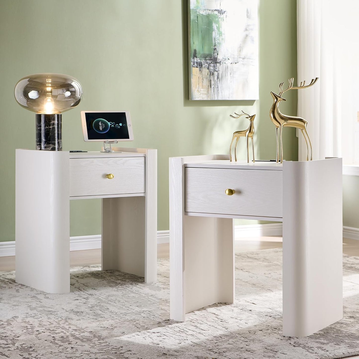 23.6" Tall Modern Nightstand Set of 2, 22" Wide Curved Bedside Table with Charging Station, Wooden Night Stand with 1 Storage Drawer, Large End Table for Bedroom, Living Room, White