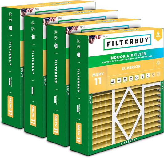 Filterbuy 20x25x5 Air Filter MERV 11 Superior Pet & Allergy Defense (4-Pack), Pleated HVAC AC Furnace Filters for Amana, Coleman, Goodman, Maytag, York, and More (Actual Size: 20.19 x 25.31 x 5.25)