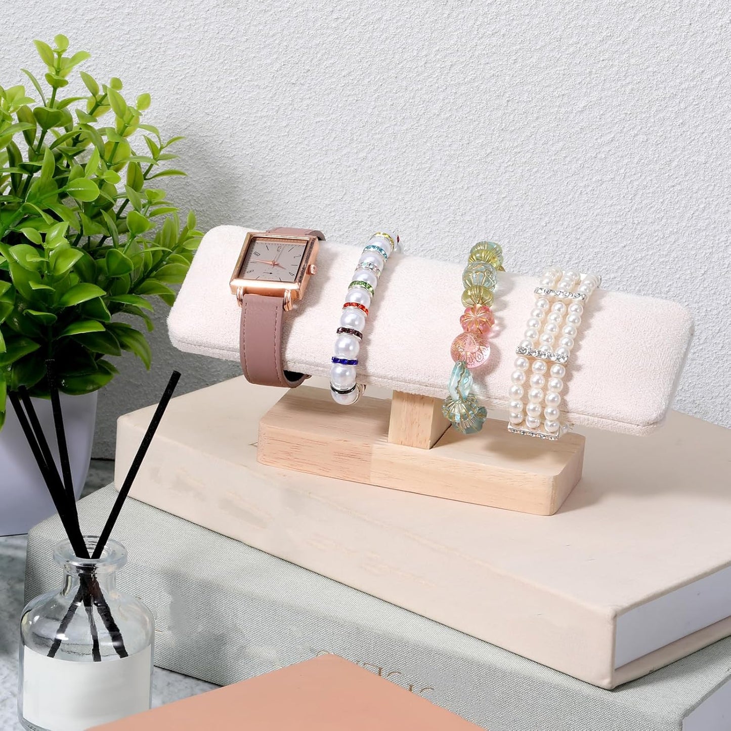Wooden Watch Display Stand Wood T-Bar Bracelet Display Stand Jewelry Organizer Holder with Faux Suede Surface for Watches, Bangles, Scrunchies, Home Use, Retail Displays Selling 7.6x1.9x3.5inch