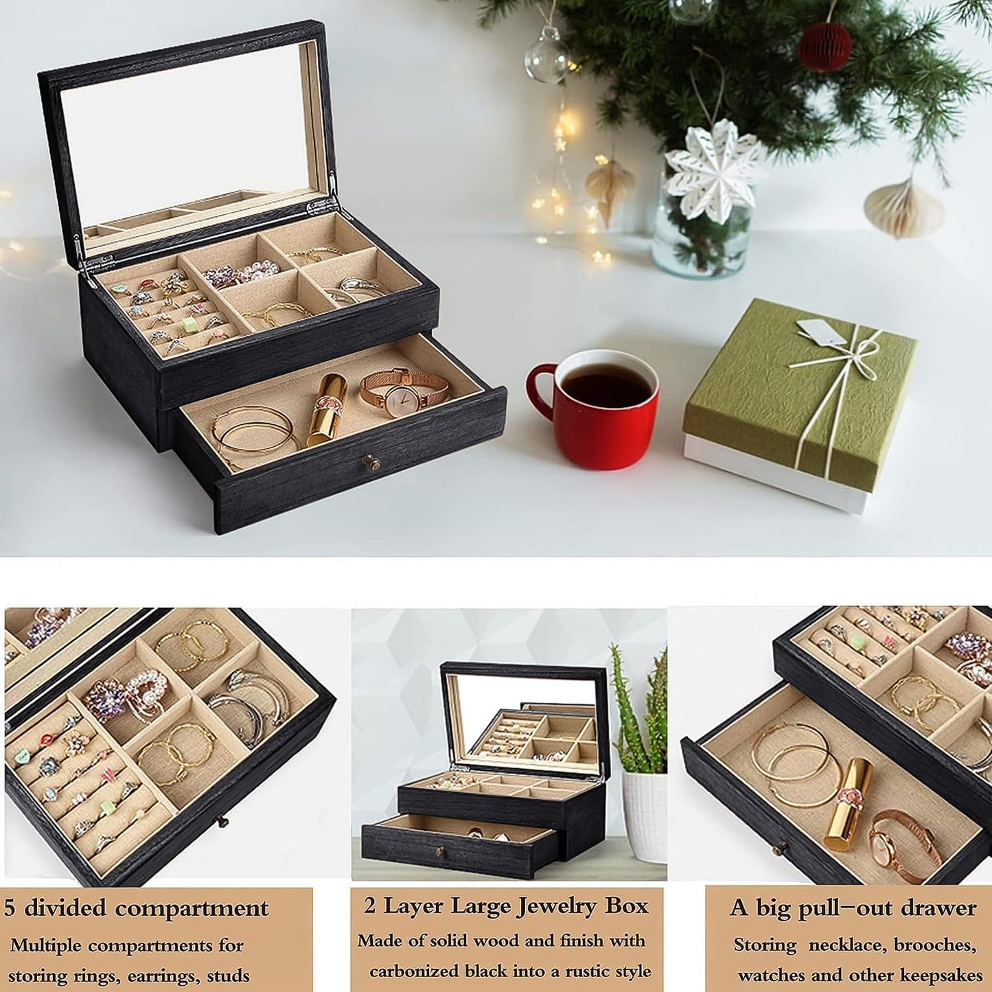 Meangood Jewelry Box Organizer for Women, 2 Layer Large Jewelry Storage Case, Rustic Wooden Jewelry Box with Mirror & Ring Tray for Necklace Earring Bracelets Rings, Vintage Style (Black)