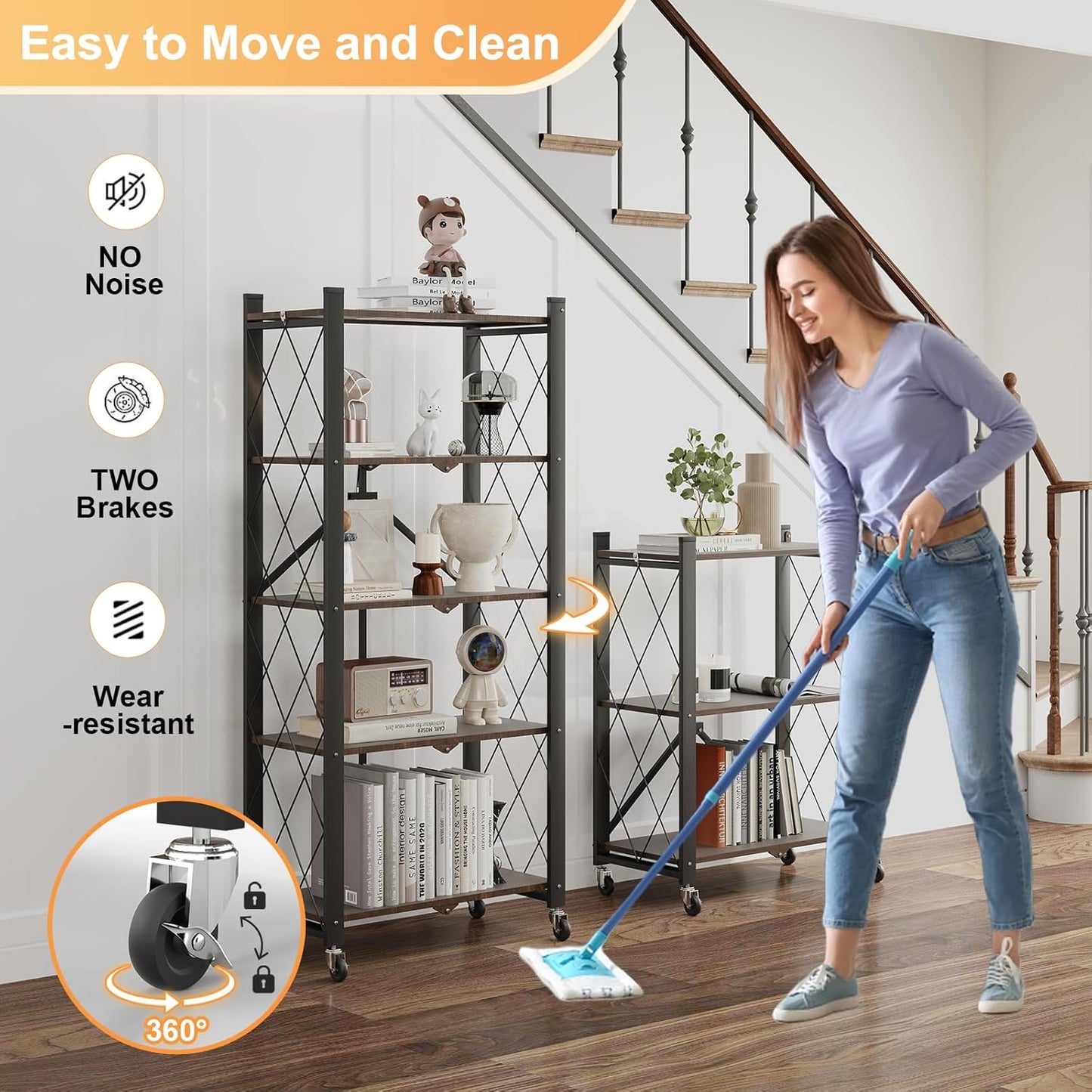 5-Tier Foldable Storage Shelves with Wheels, Folding Metal Shelf Unit, Folding Bookshelf no Assembly, Collapsible Shelves for Craft Shows for Kitchen, Bedroom, Living Room, Rustic Brown