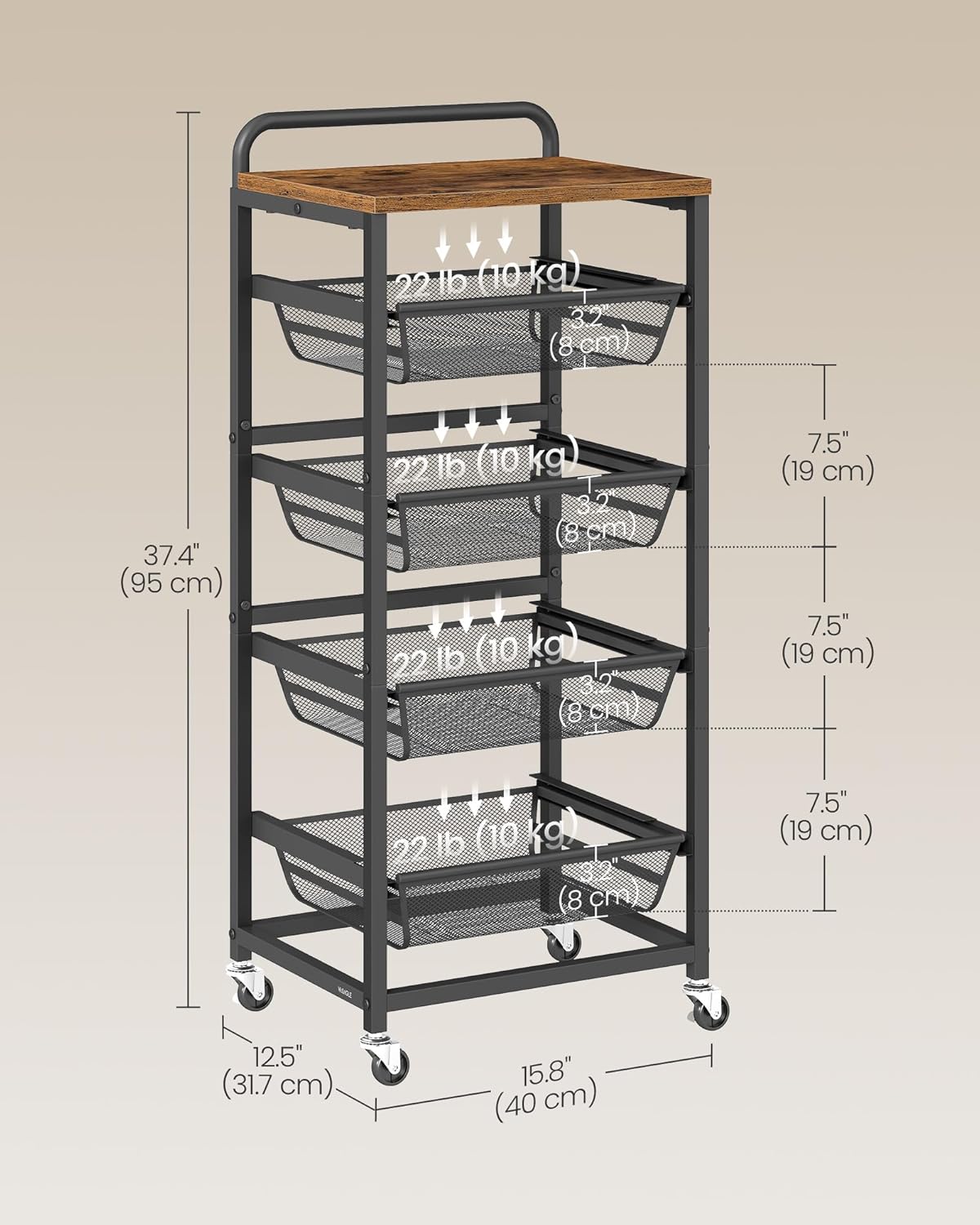 VASAGLE Storage Cart with Pull-Out Baskets, 5-Tier Kitchen Cart with Wheels, Handle, 12.5 x 15.8 x 37.4 Inches, Rustic Brown and Ink Black ULRC041K01