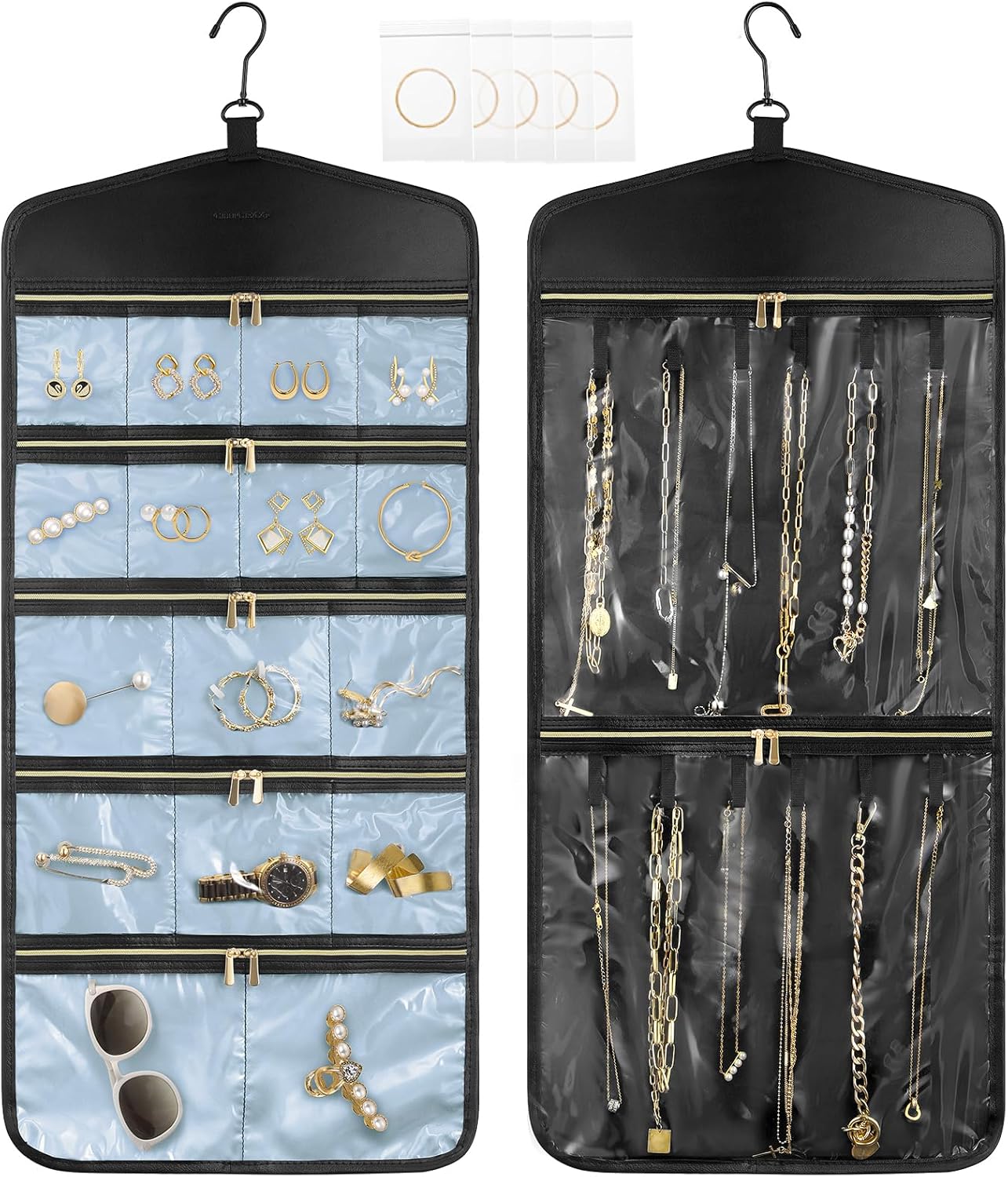 CHICECO Travel Jewelry Holder Organizer,Hanging Jewelry Organizer Storage with Zippered Pockets for Cloest,Jewelry Holder for Earrings, Necklaces (Blue Black)