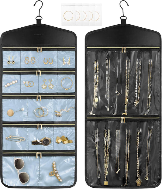CHICECO Travel Jewelry Holder Organizer,Hanging Jewelry Organizer Storage with Zippered Pockets for Cloest,Jewelry Holder for Earrings, Necklaces (Blue Black)