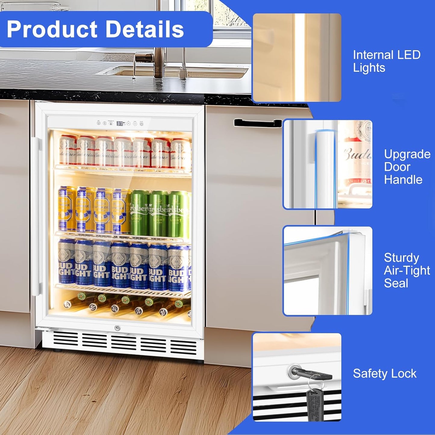 24 Inch Beverage Refrigerator with Glass Door, Undercounter Beverage Fridge 200 Cans Large Capacity, Beverage Cooler for Beer Soda with Reversible Door, Temperature Control, Safety Lock, White