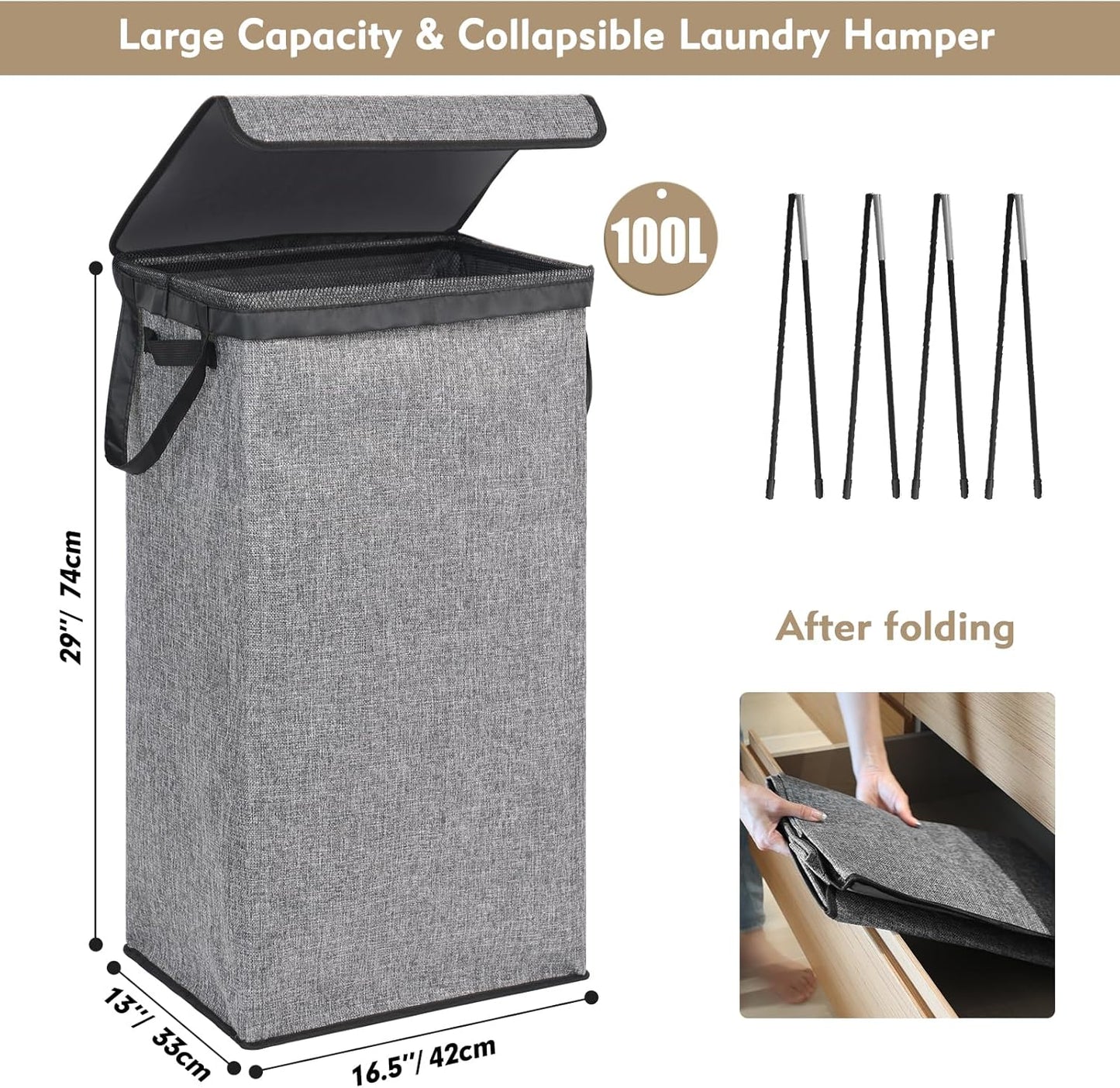 DOKEHOM 100L Laundry Basket with Lid and Removable Laundry Bags, Large Collapsible Laundry Hamper for Bedroom, Bathroom, Laundry Room, Colloge (Grey)