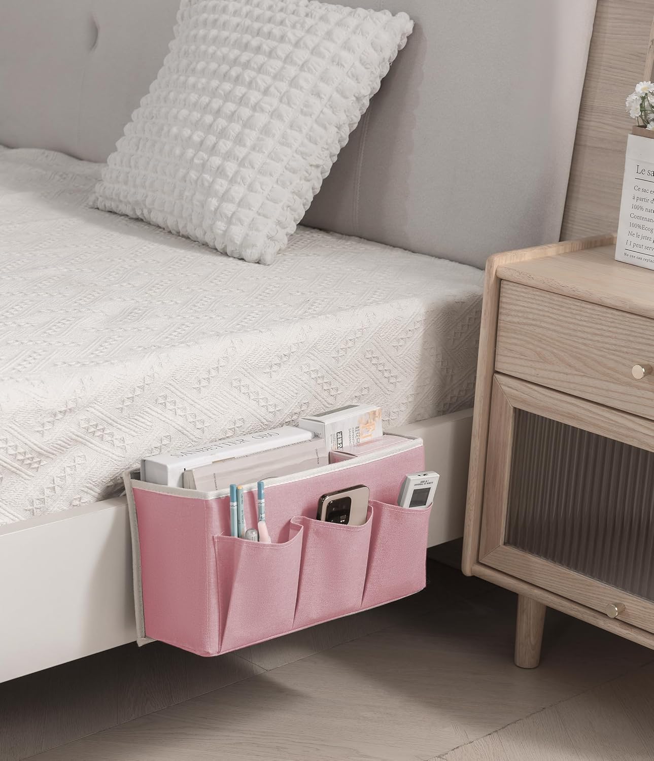 Bedside Caddy/Bedside Storage Organizer Hanging Bag with Three Options,Suitable for home beds, sofas, and dormitory beds—can hold magazines, books, phones, iPads, remote controls. (Pink)