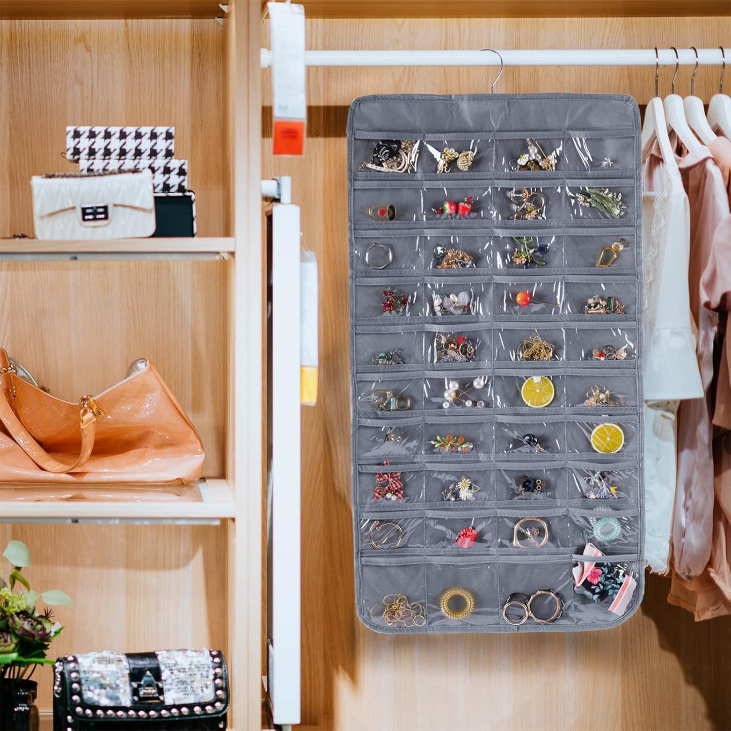 Bloss Hanging Jewelry Organizer With 80 Pockets Jewel Hanger For Jewelry Earring Storage Hanging Pocket Organizers Earring Holder Organizer for Mothers Day Gifts-Gray