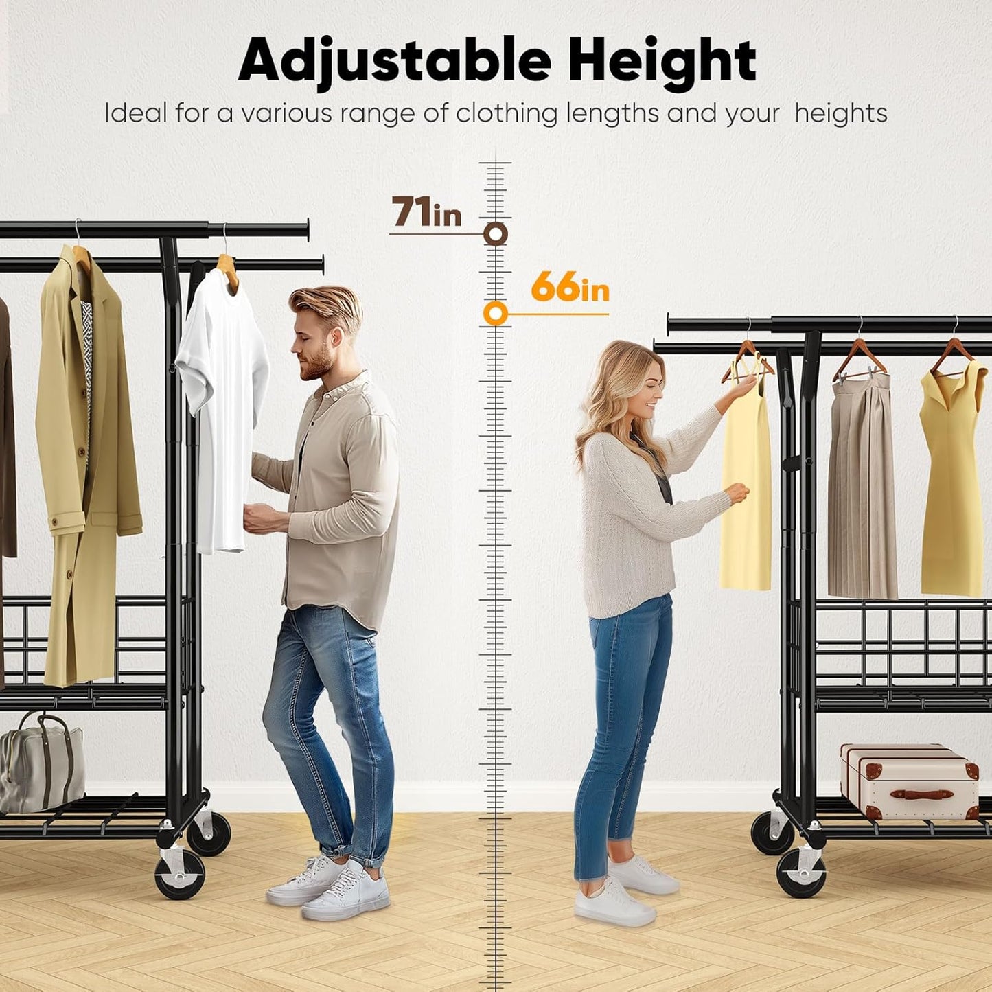 HOKEEPER Heavy Duty Clothes Rack Load 625 LBS, Clothing Rack for Hanging Clothes, Adjustable Black Double Rod with Metal Basket, Portable Rolling Garment Rack with Wheels for Bedroom, Laundry Room