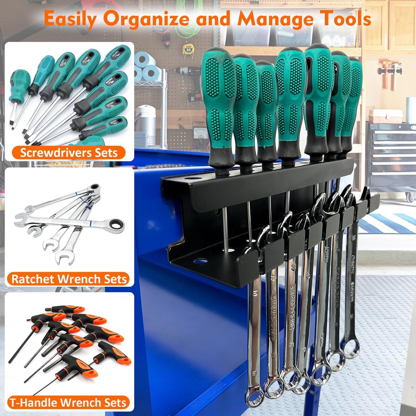 MUTUACTOR Magnetic Wrench Holder Heavy Duty,Anti-scratch Magnetic Mount Screwdriver Rack, 2 Layers Wrench Screwdriver Holder for Work Bench Toolbox Tool Cart,1PCS,Black,9 Holes and 7 Slots