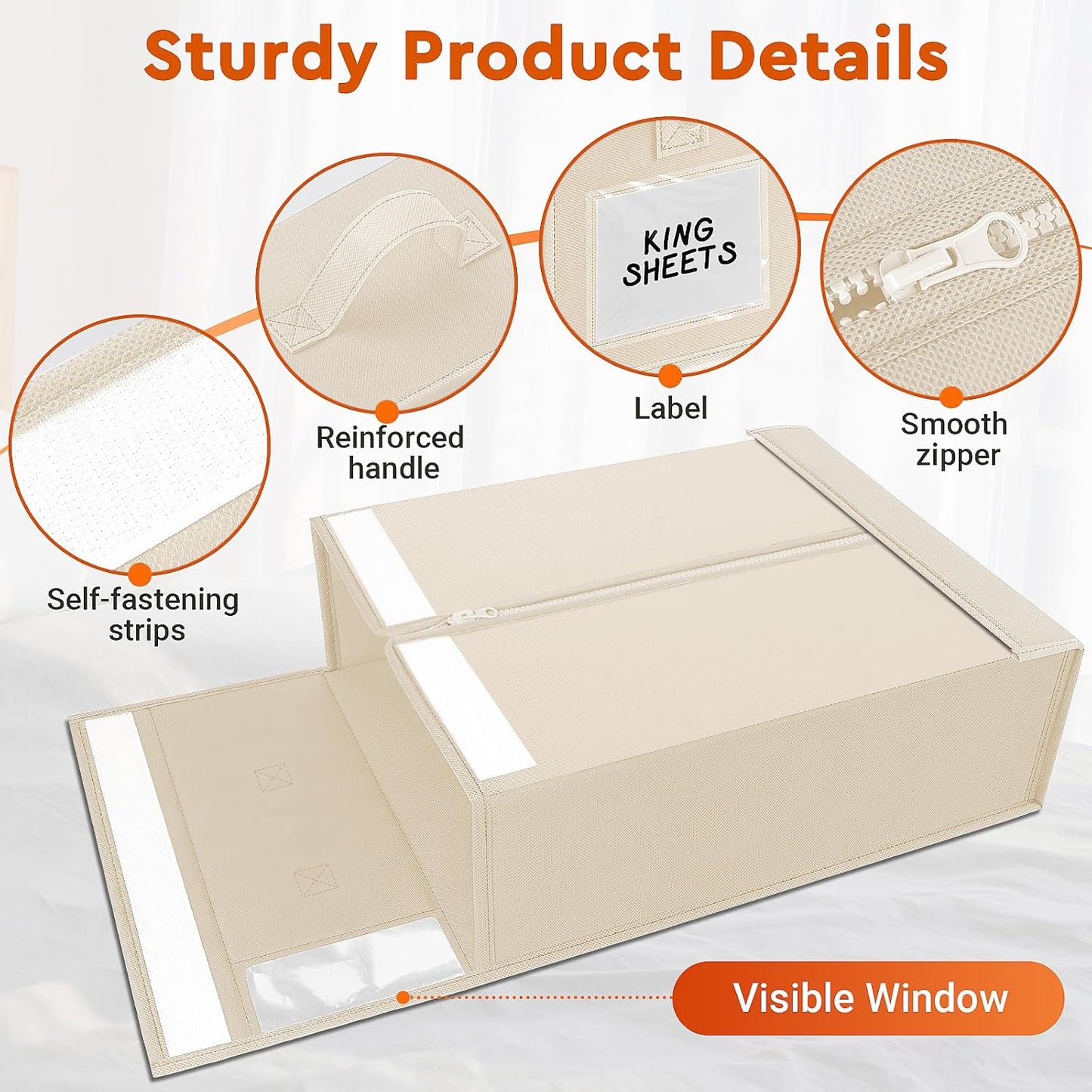 4 Pack Bed Sheet Closet Organizers and Storage,Sturdy Foldable Storage Containers with Window and Label,Storage and Organization for Bedding Sheets,Duvet Covers,Blankets (Beige)