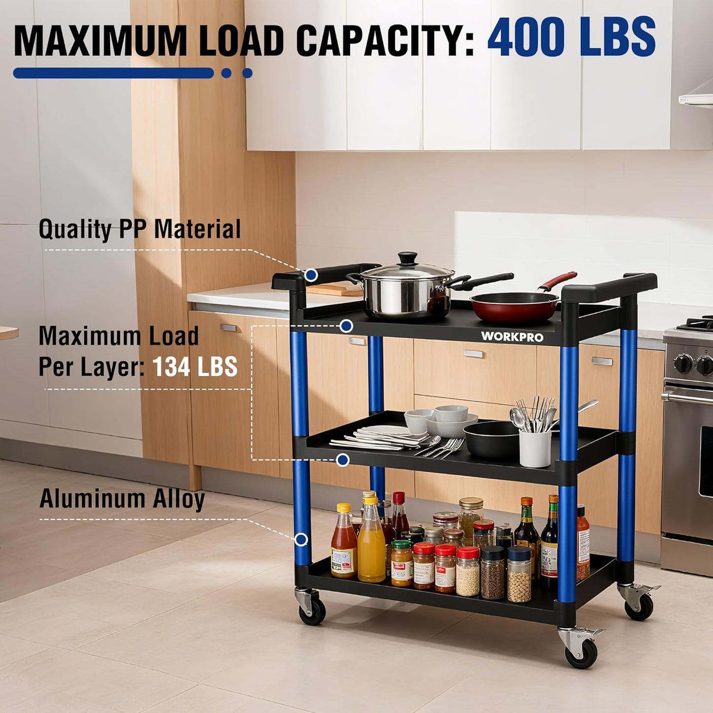 WORKPRO 3-Tier Service Utility Cart, 400LBS Plastic Rolling Cart with Handles & Lockable Wheels, Heavy Duty Storage Cart for Restaurant, Kitchen, Office, Garage, Warehouse