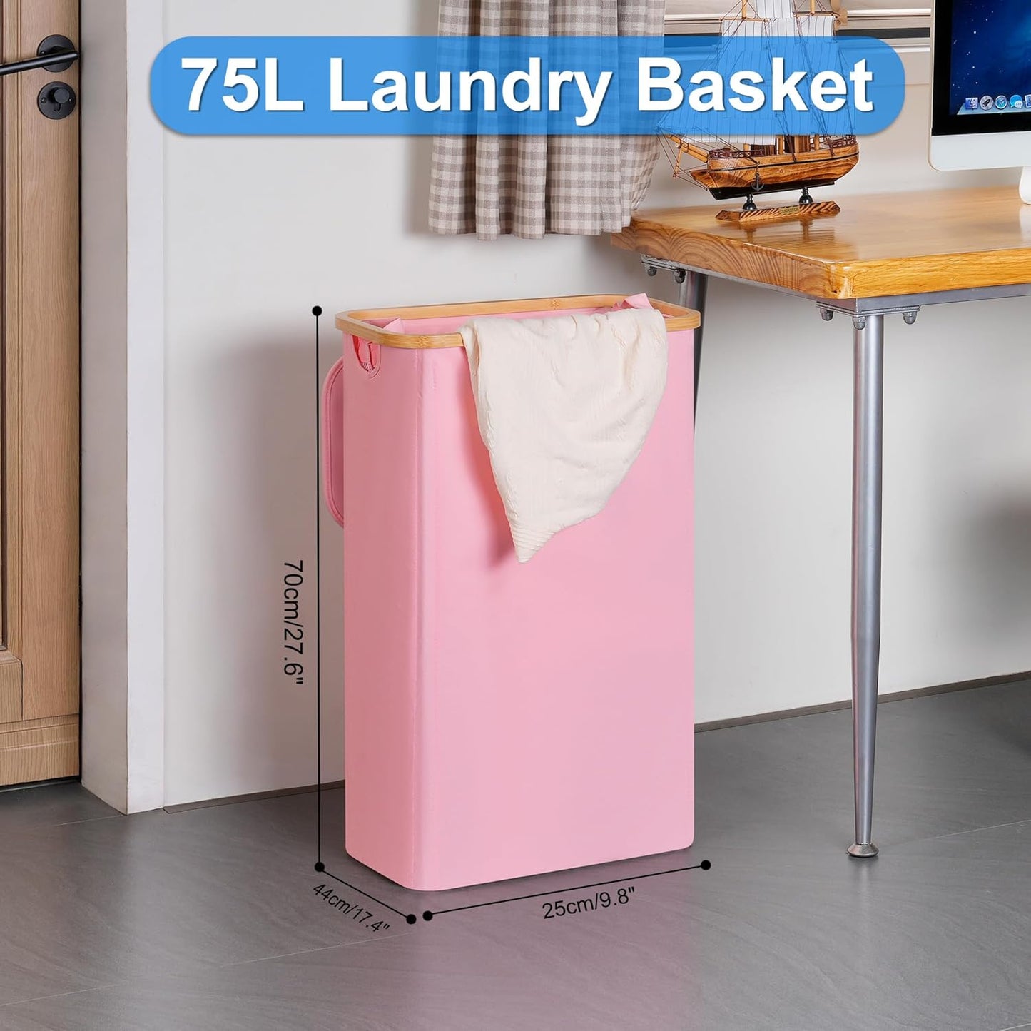 efluky Slim Laundry Basket with Lid, Narrow Laundry Hamper with Removable Bag, Skinny Dirty Clothes Basket with Bamboo Handles for Bathroom, Bedroom & Laundry Room, 75L Pink