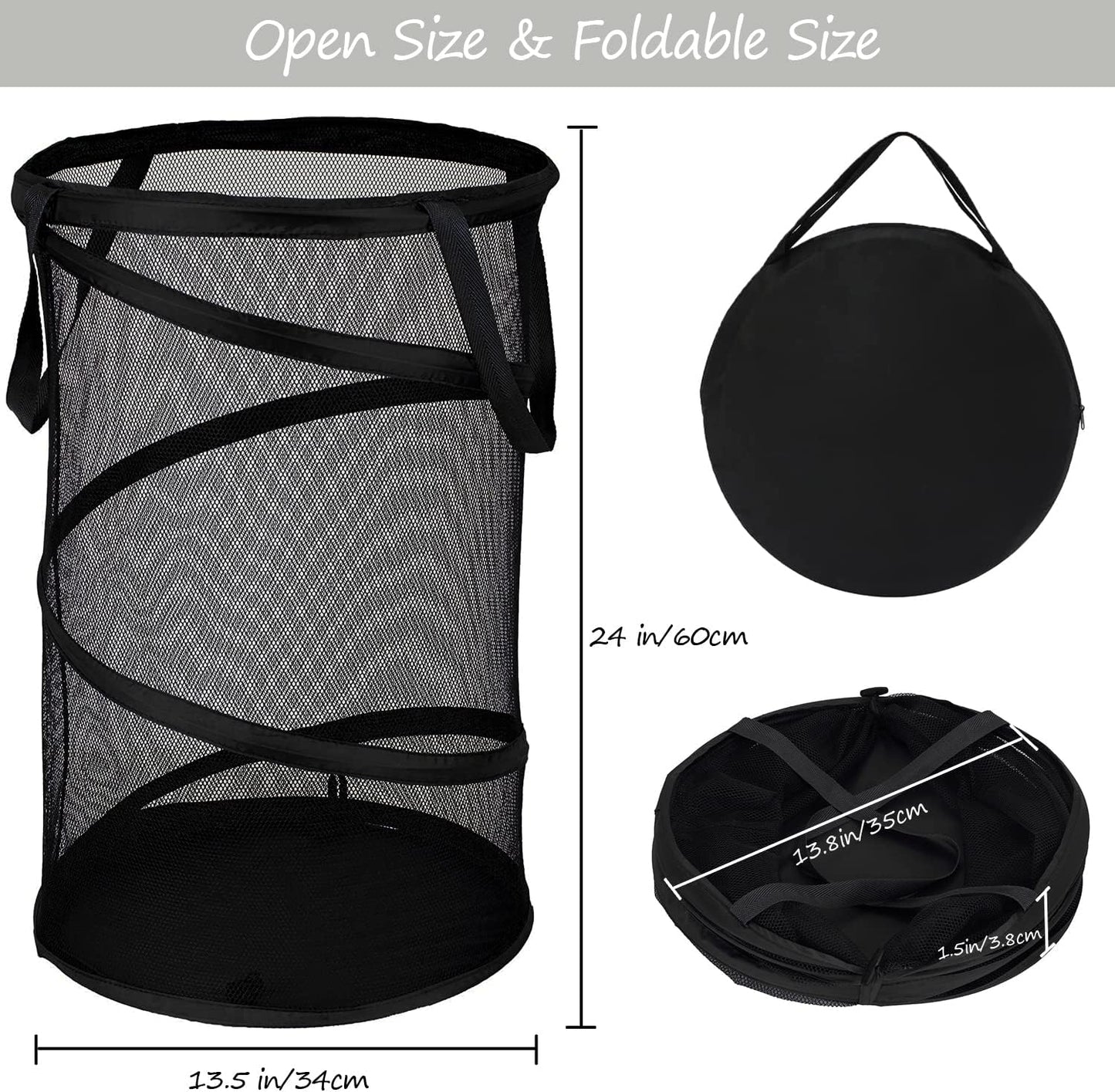 BATTOO Collapsible Laundry Basket Foldable Mesh Pop Up Hamper with Handles for Laundry Room, Bathroom, Kids Room, College Dorm, Travel, Storage Organizer Black