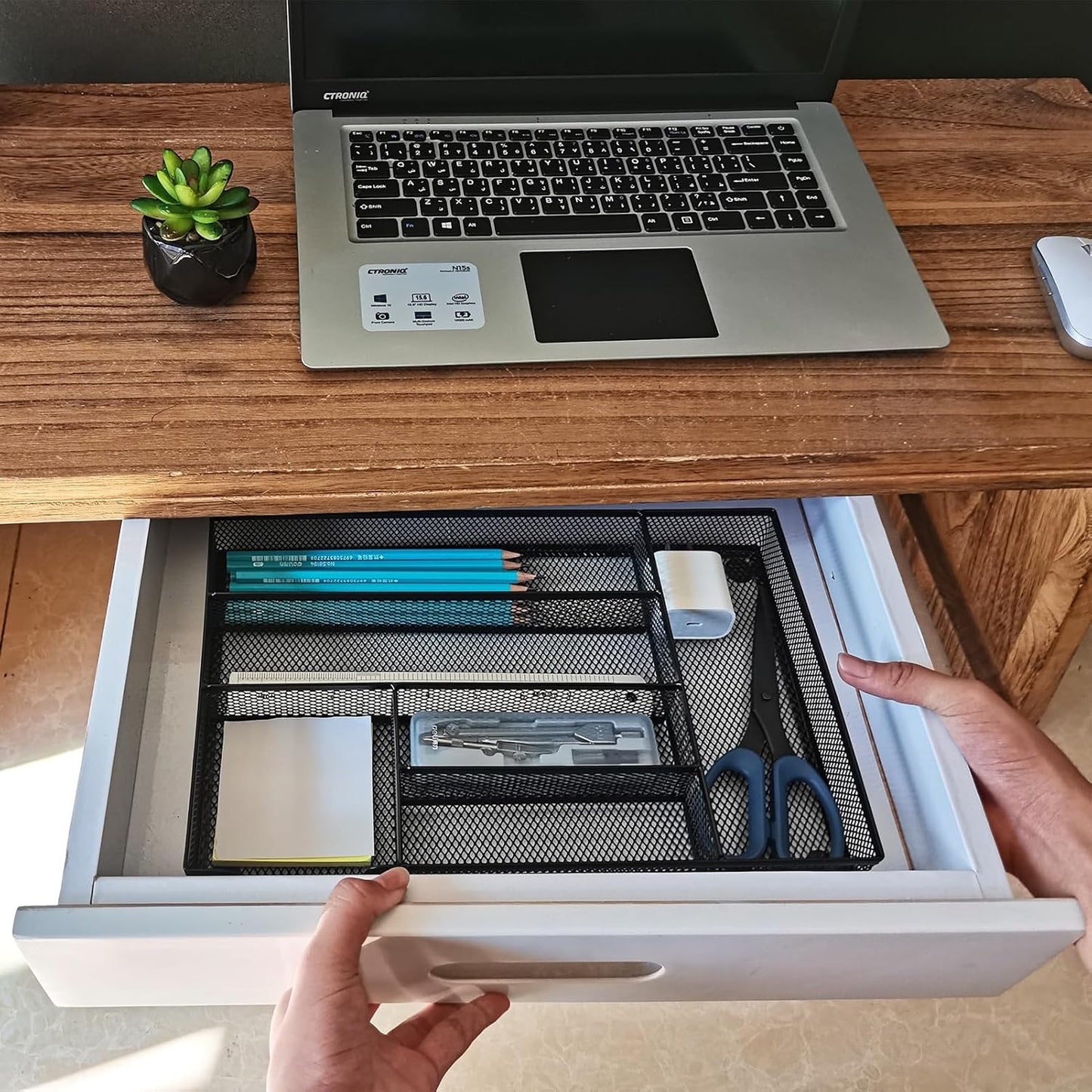Metal Mesh Desk Drawer Organizer Tray, 6-Compartment Office Drawer Organizer for Pens Supplies, 12.6"x8.27"x1.57" Black