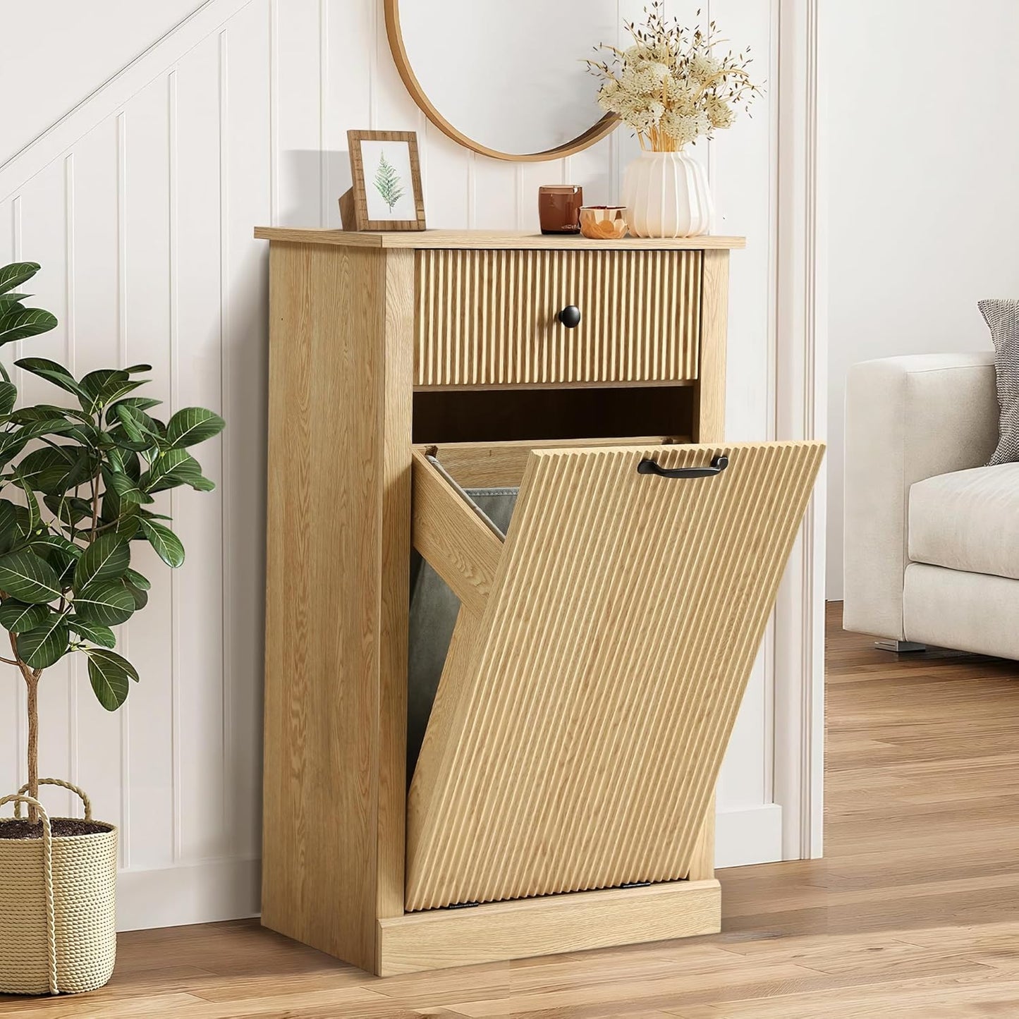 Grepatio Tilt Out Fluted Laundry Hamper Cabinet, 11 Gallon Hidden Laundry Hamper, Wooden Trash Can Cabinets with Drawer, Modern Garbage Can Cabinet for Bathroom, Kitchen, Living Room (Natural, Single)