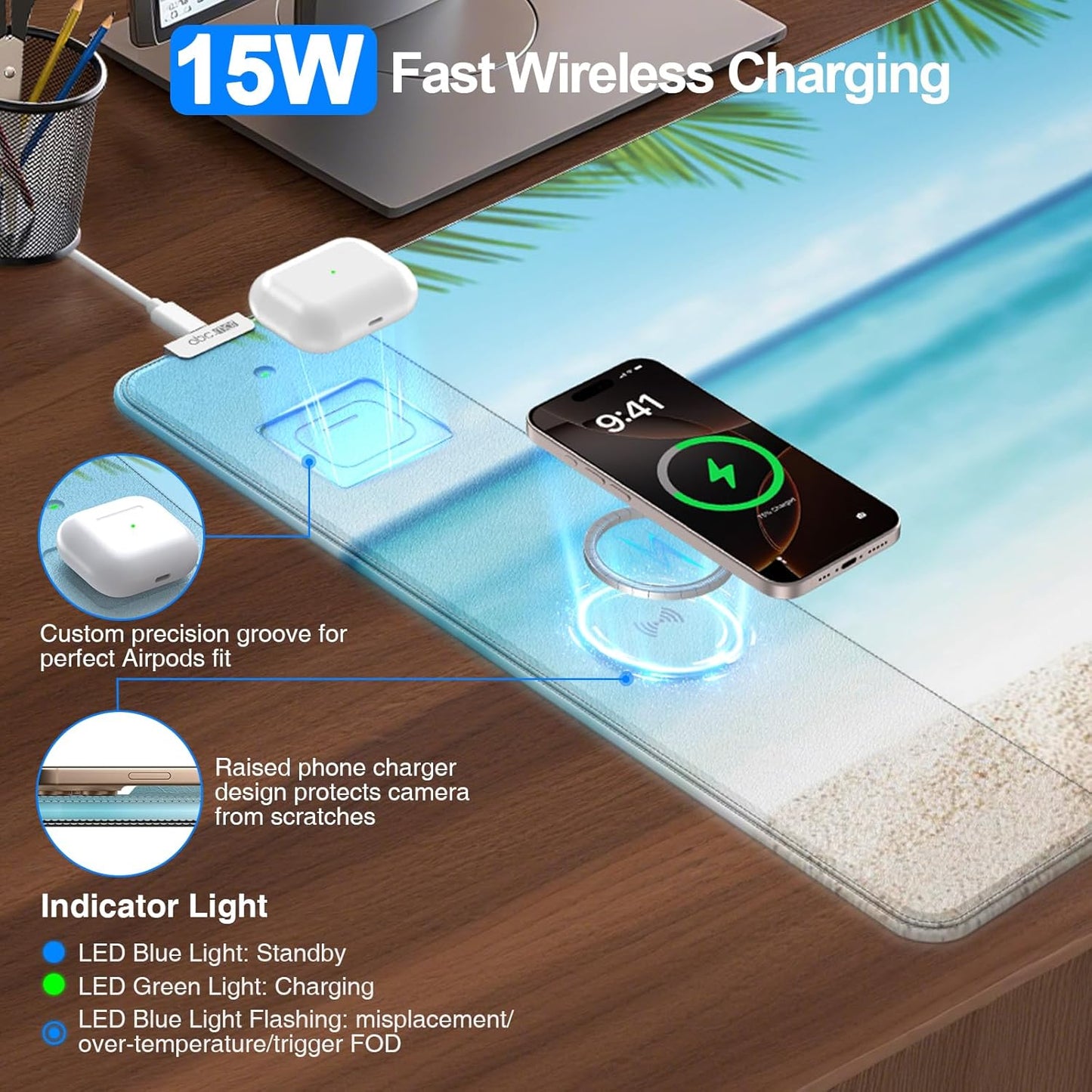 Wireless Charging Mouse Pad, 31.5"x15.8" Large Gaming Desk Mat for Keyboard/Laptop, Waterproof Ultra-Smooth Surface, Non-Slip Base, with 20W PD Adapter, Summer Beach