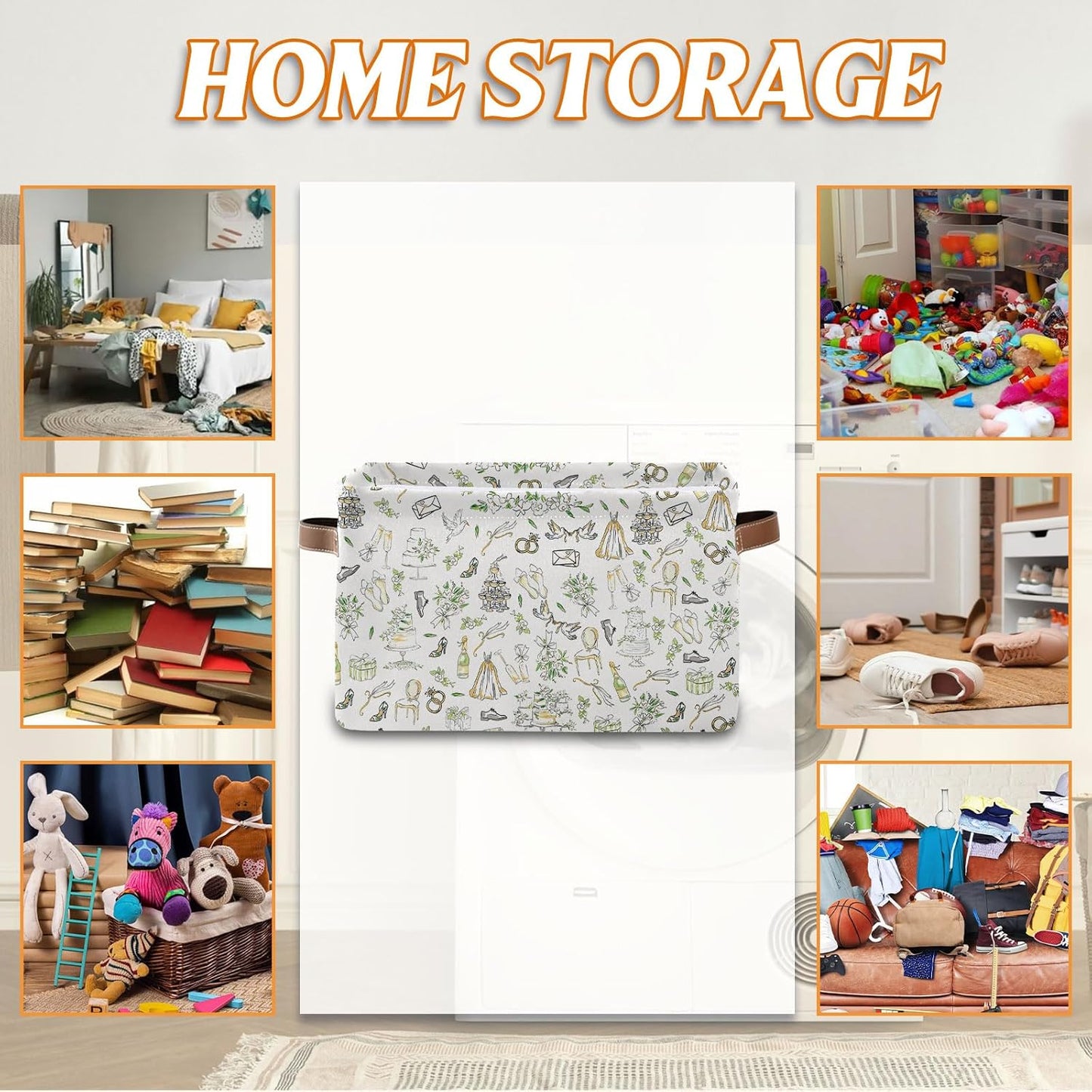 Rectangle Wedding Nursery Storage Basket, Wed Collapsible Storage Box Bin with Handles for Toy, Cake Storage Basket , Laundry Organizer for Room, Gifts for Chritsmas Thanksgiving 14.9x11x9.4in