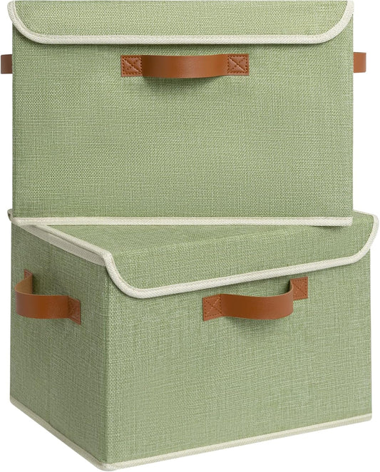 GRANNY SAYS Fabric Storage Bins with Lids, Decorative Storage Boxes with PU Handles, Keepsake Memory box, Shelf Baskets for Closet, Sage Green, Large, 2-Pack