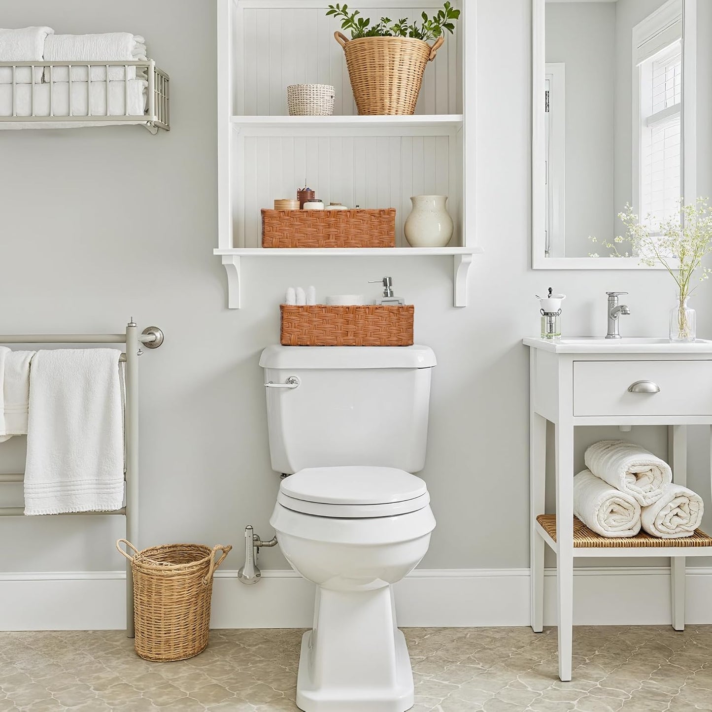 GRANNY SAYS Bathroom Toilet Organizer, Back of Toilet Storage Basket, Waterproof Storage for Shelves, 3 Section Wicker Baskets, Caramel Orange, 2-Pack