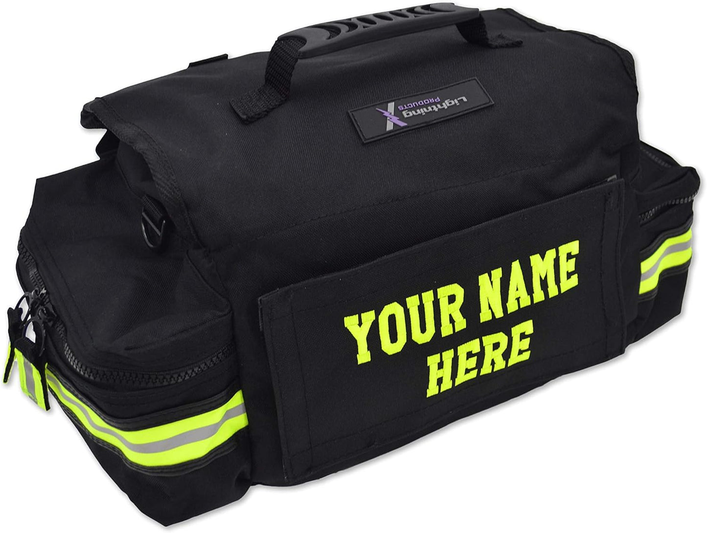 Lightning X Personalized First Responder EMT EMS Trauma Bag w/Stocked First Aid Fill Kit B & Custom Embroidered Name Patch (Black)