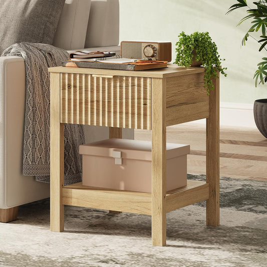 Fluted Night Stand with Golden Handle,Mid-Century Nightstands with Drawer,Modern Bedside Table with Storage Shelf,Large End Tables for Livingroom,Bed Side Tables for Bedroom,Natural Oak