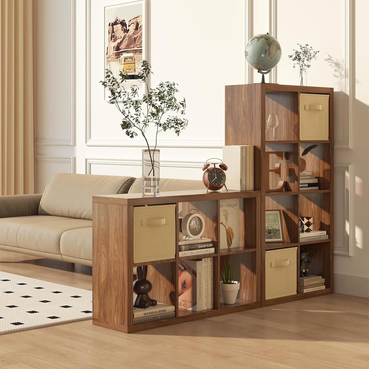 furtble Bookshelf with Storage Bins, 12-Cube Storage Organizer, Modern Wood Open Bookcase, Multifunctional Display Shelf for Living Room, Bedroom, Home Office, Classic Oak