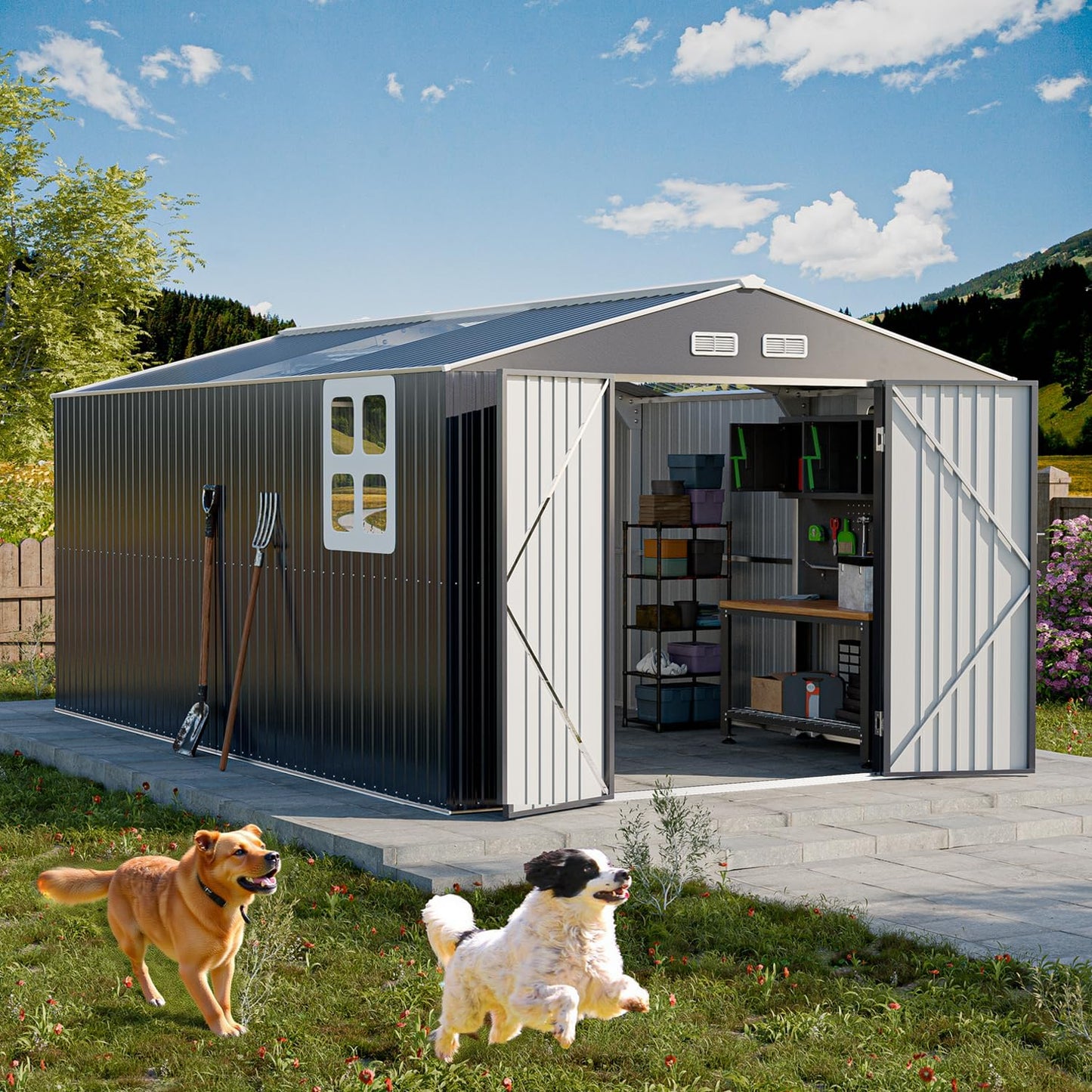 Restland 10x16 FT Outdoor Storage Shed with Floor Base Frame Reinforced Metal Shed with Clear Roof, Air Vent & Lockable Door Large Garden Tool Storage Sheds for Backyard, Garden, Lawn