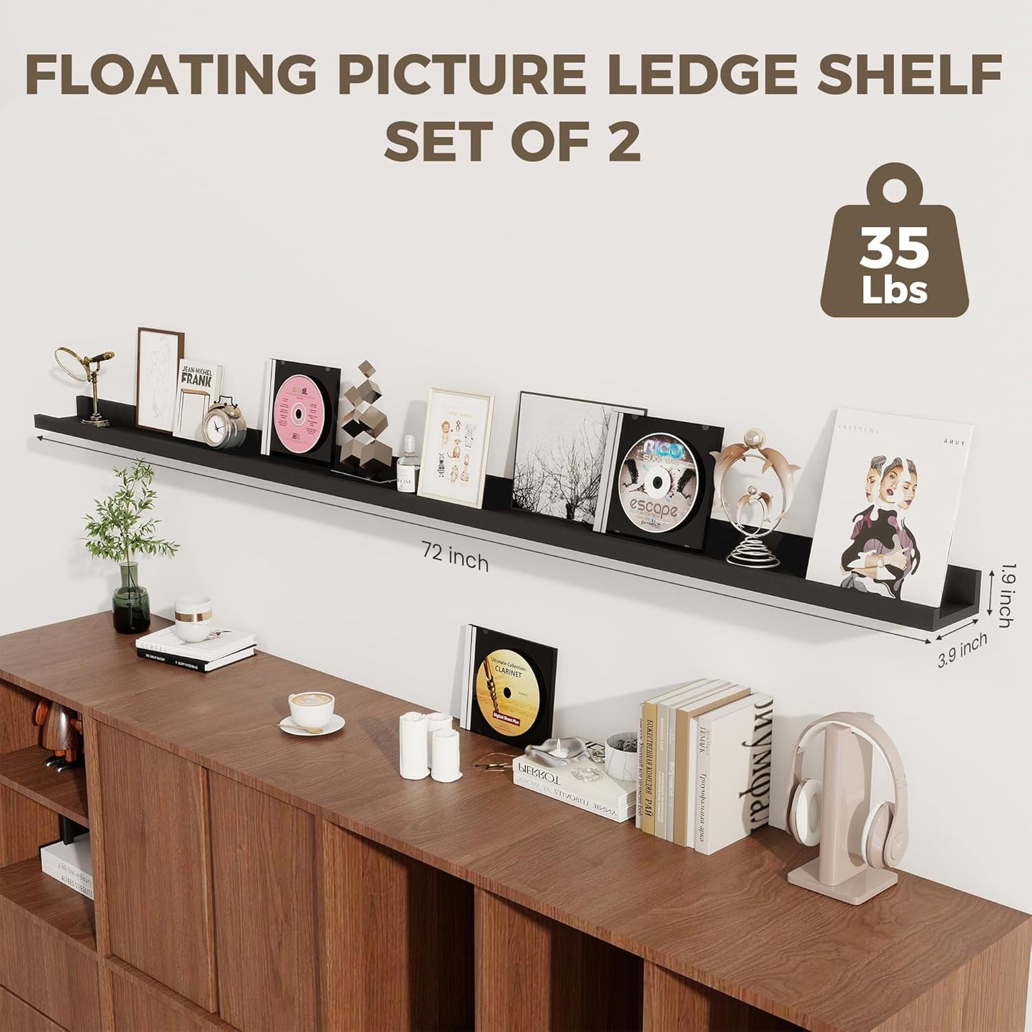 Axeman 72 Inch Black Floating Shelves for Wall | Picture Ledge Shelf Set of 2 | Rustic Picture Shelf for Wall with Ledge | Floating Shelves with Lip | Photo Ledge Shelves for Books Album Records